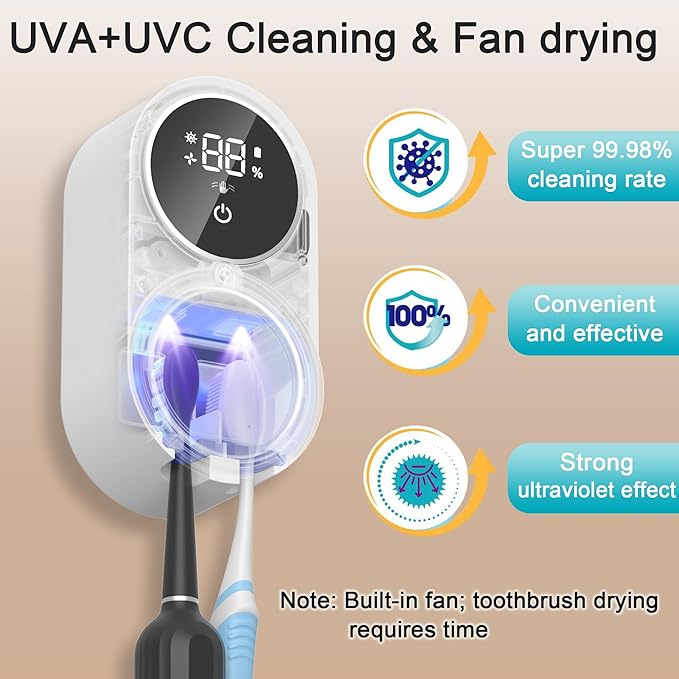 Toothbrush Holder and Cleaner Razor Holder/Dryer Light Cleaning and Air Drying Automatic Ratating Cover Rechargeable Wall Mounted for Bathroom Portable for Trip