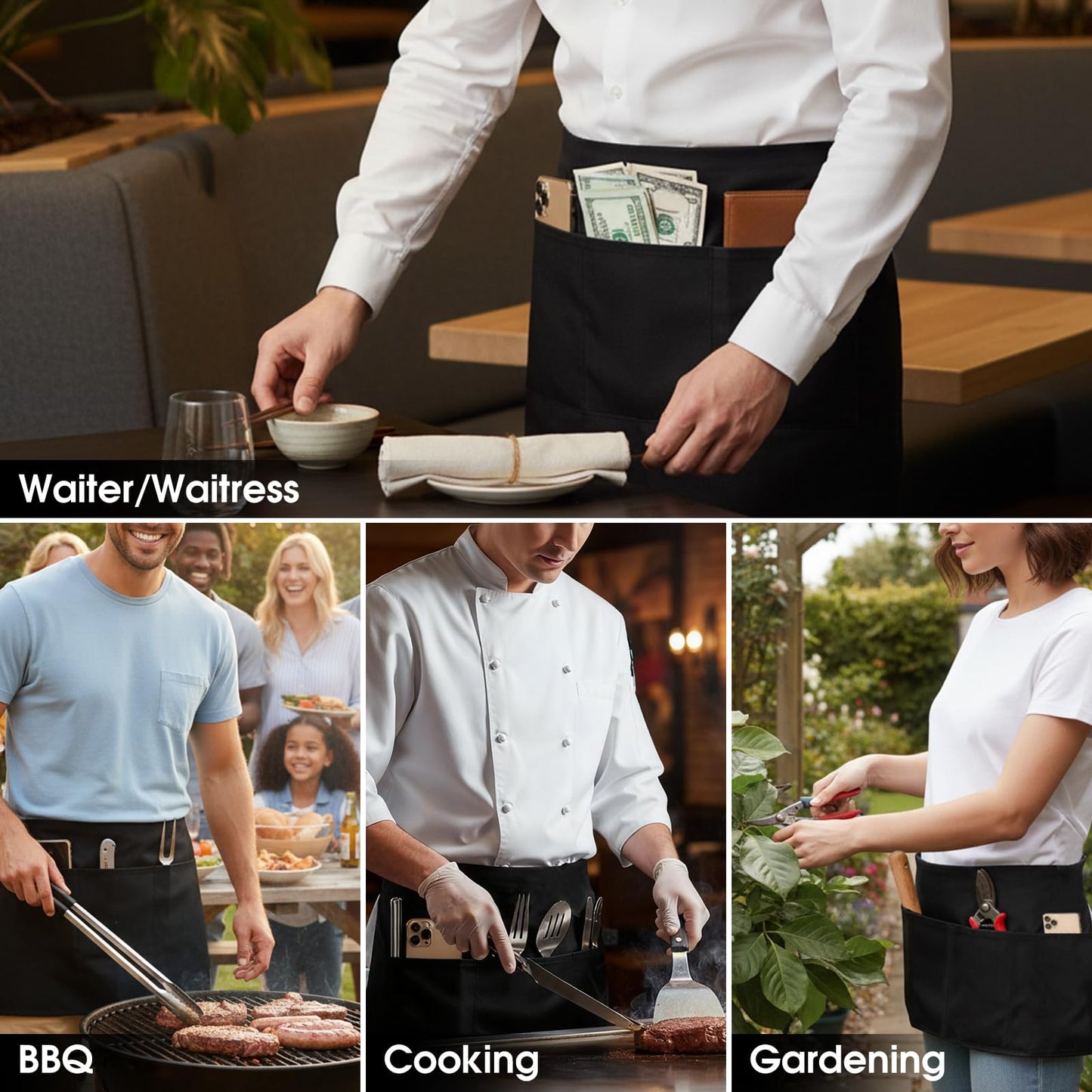 BOHARERS Cotton Server Aprons 3 Pack Waiter Waitress Apron Short Apron with Pockets Restaurant BBQ 12 Inch Black