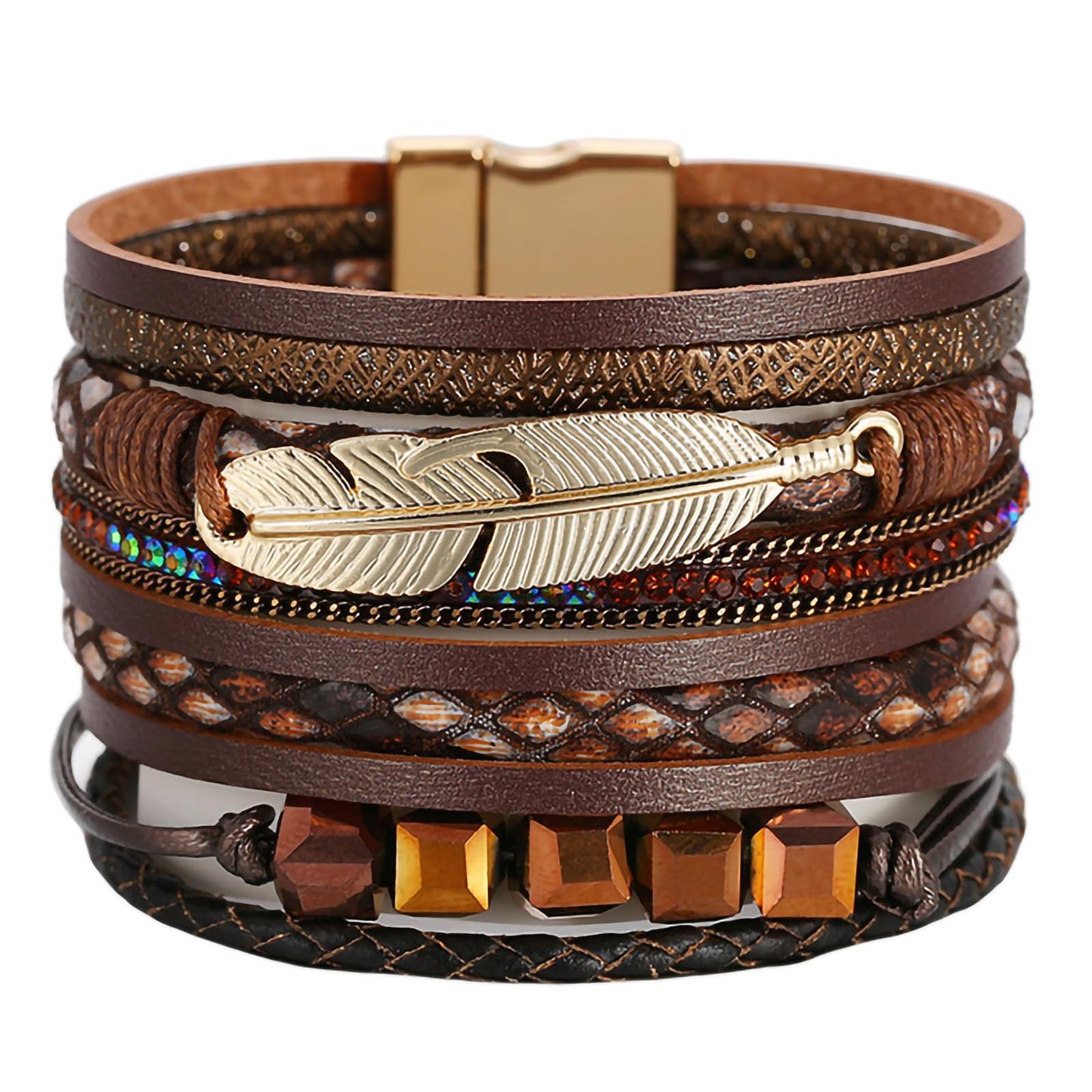 Leopard Bracelet for Women, Boho Leather Wrap Multi-Layer Pearl Crystal Bracelet Bangle Jewelry (Cube(Brown))