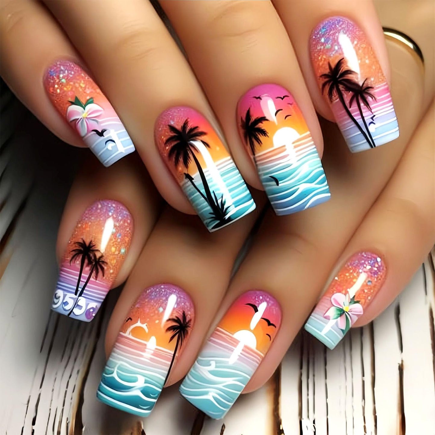 Summer Press on Nails Medium Square Fake Nails with Black Coconut Trees Color Flower Designs Glossy Glue on Nails Blue Gradient Nails Press ons Acrylic Nails Artificial Stick on Nails for Women 24Pcs