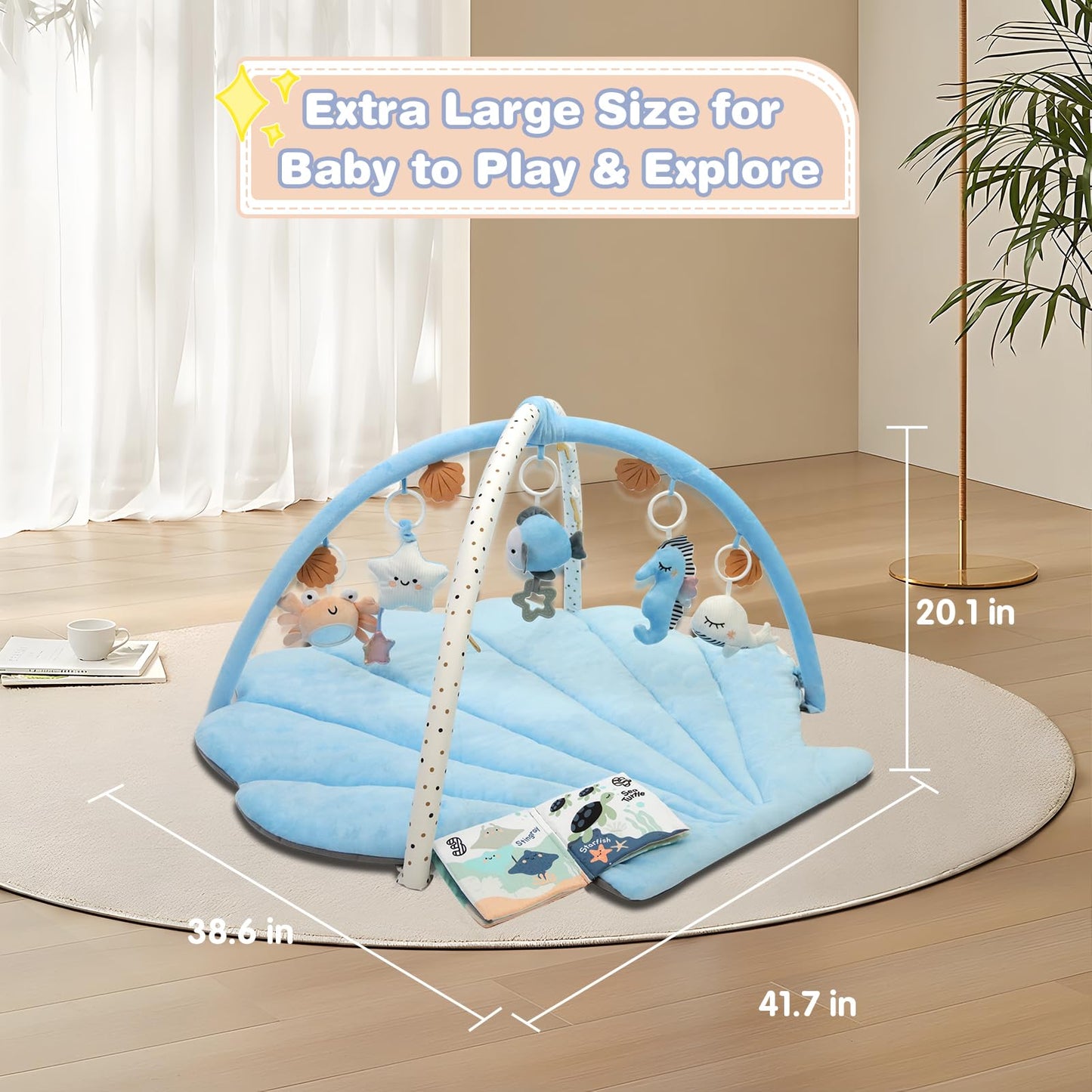 Baby Play Gym Mat, Oversize Tummy Time Activity Mat for Babies 0-6 Months, Shells Baby Play Mat with 6 Detachable Toys, Baby Essentials Mat for Floor Sensory Exploration Motor Skill Development (Blue)
