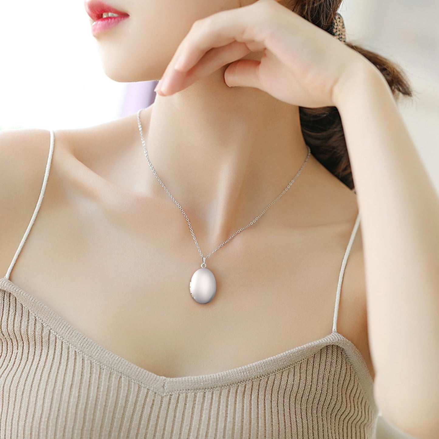 PHOCKSIN Glossy Oval Silver Lockets Personalized Locket Necklace for Women Custom Photo Locket Necklace with Text & Symbols Customized Lockets Gifts for Women