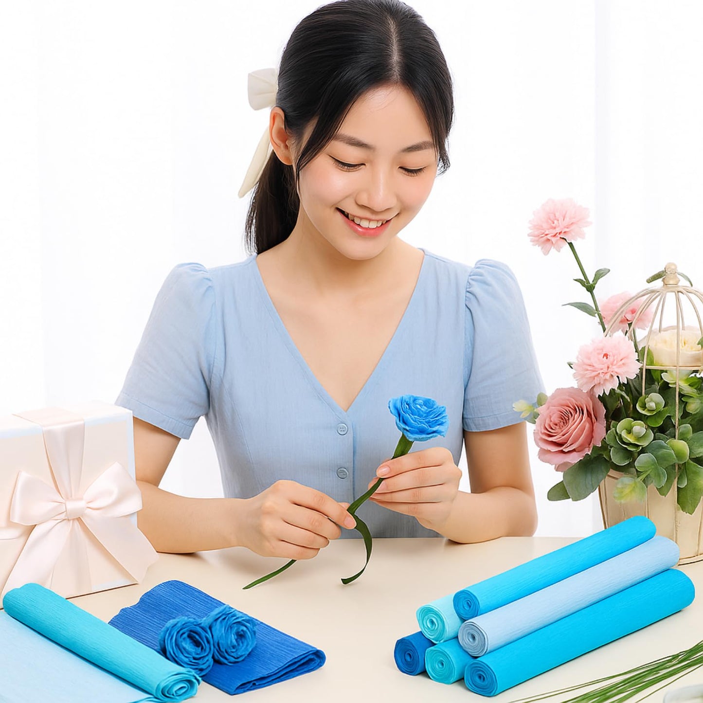 Gersoniel 57 Pcs Crepe Paper Flower DIY Kits 6 Rolls 35g Papel Crepe Sheets 50 Pcs Floral Iron Wire 10 Inch x 8 Feet 1 Roll 50 Meter for Birthday Party Wedding(Gradient Blue Series)
