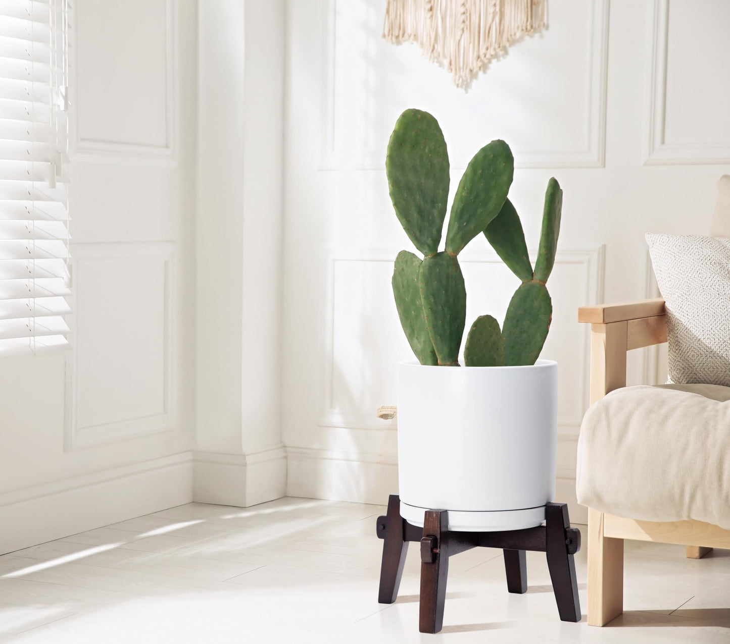 D'vine Dev Ceramic Planter with Wood Stand - 10 Inch Mid Century Modern Cylinder Indoor Plant Pot Set for Indoor Plants & Flowers, White, 55-A-X-1