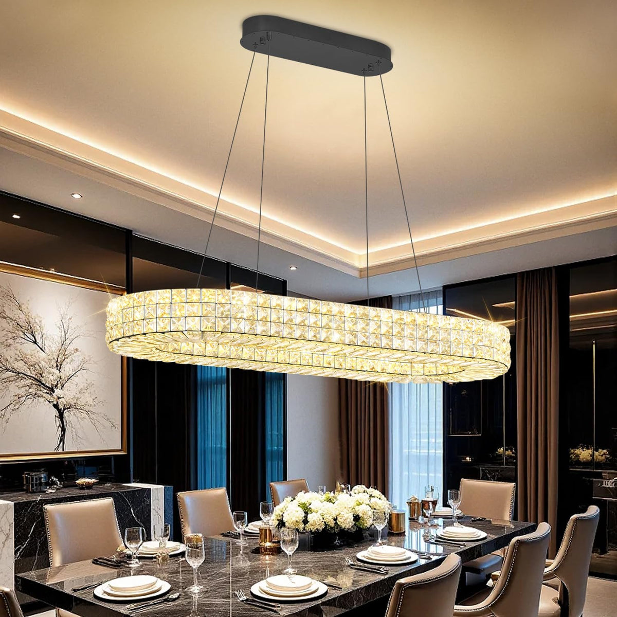 Modern Crystal Chandelier, Dia 40" Rectangular Chandelier for Dining Room,Black Rectangle Crystal Ceiling Light Luxury Oval Chandeliers for Living Room Kitchen Island