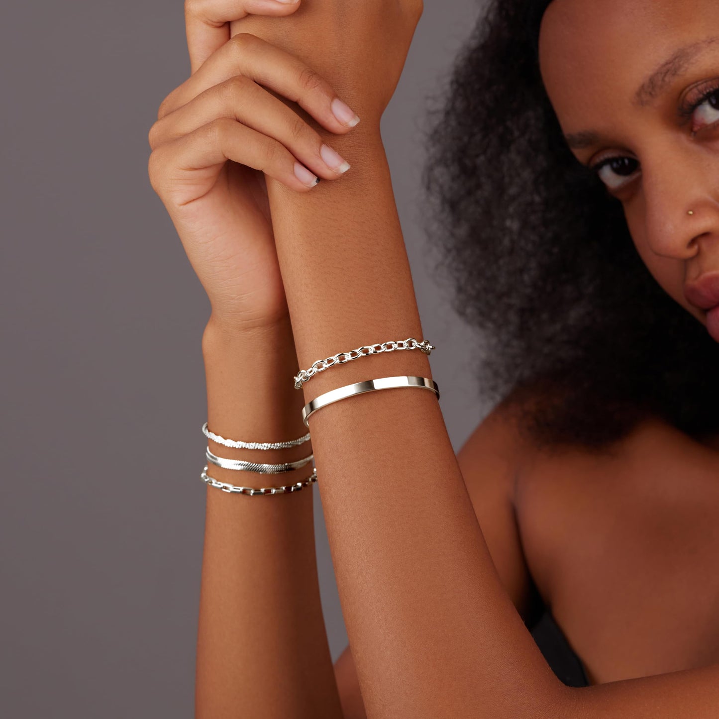 WomenGifts Silver Bracelet Stack for Women, Stackable Bracelets Sterling Silver Set on Bangle Cuff, Box Link, Figaro, Herringbone, Sparkling Chain, Waterproof Tarnish Resistant Jewelry Gift for Women