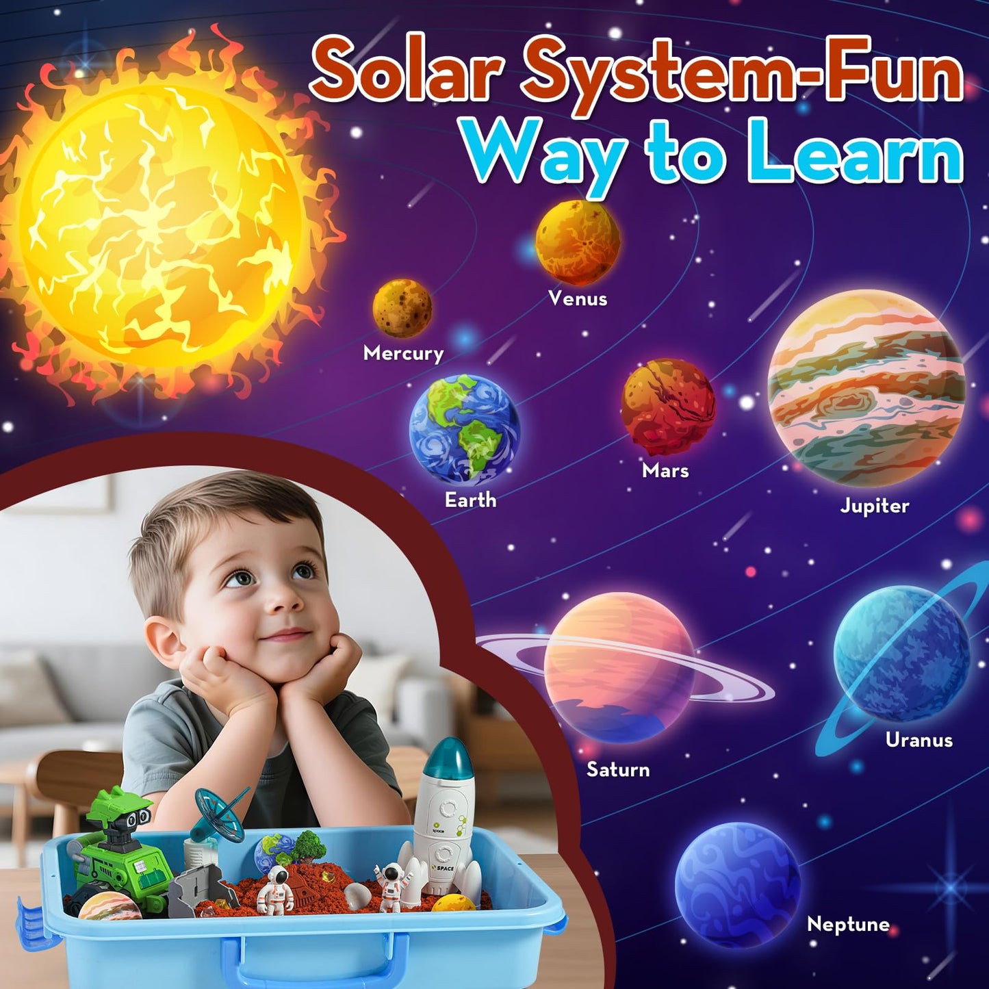 KNASON Outer Space Sensory Bin,Play Sand Kit for Boys with 2.2lbs Sand,Glow in The Dark Alien and Gems,Space Science Kits Sandbox Toys Preschool Toddler Activities Christmas Gift for Kids Ages 3-8