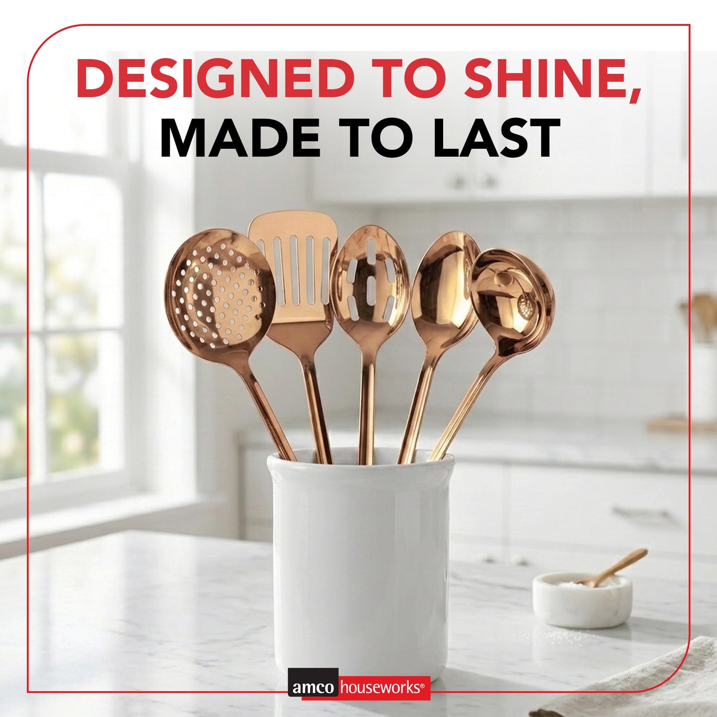 Amco 5-Piece Stainless Steel Cooking Utensil Set, Copper Finish - Includes Kitchen Ladle, Slotted Turner, Skimmer, Solid Spoons - 14" with Hanging Holes for Easy Storage, Durable Kitchen Gadgets