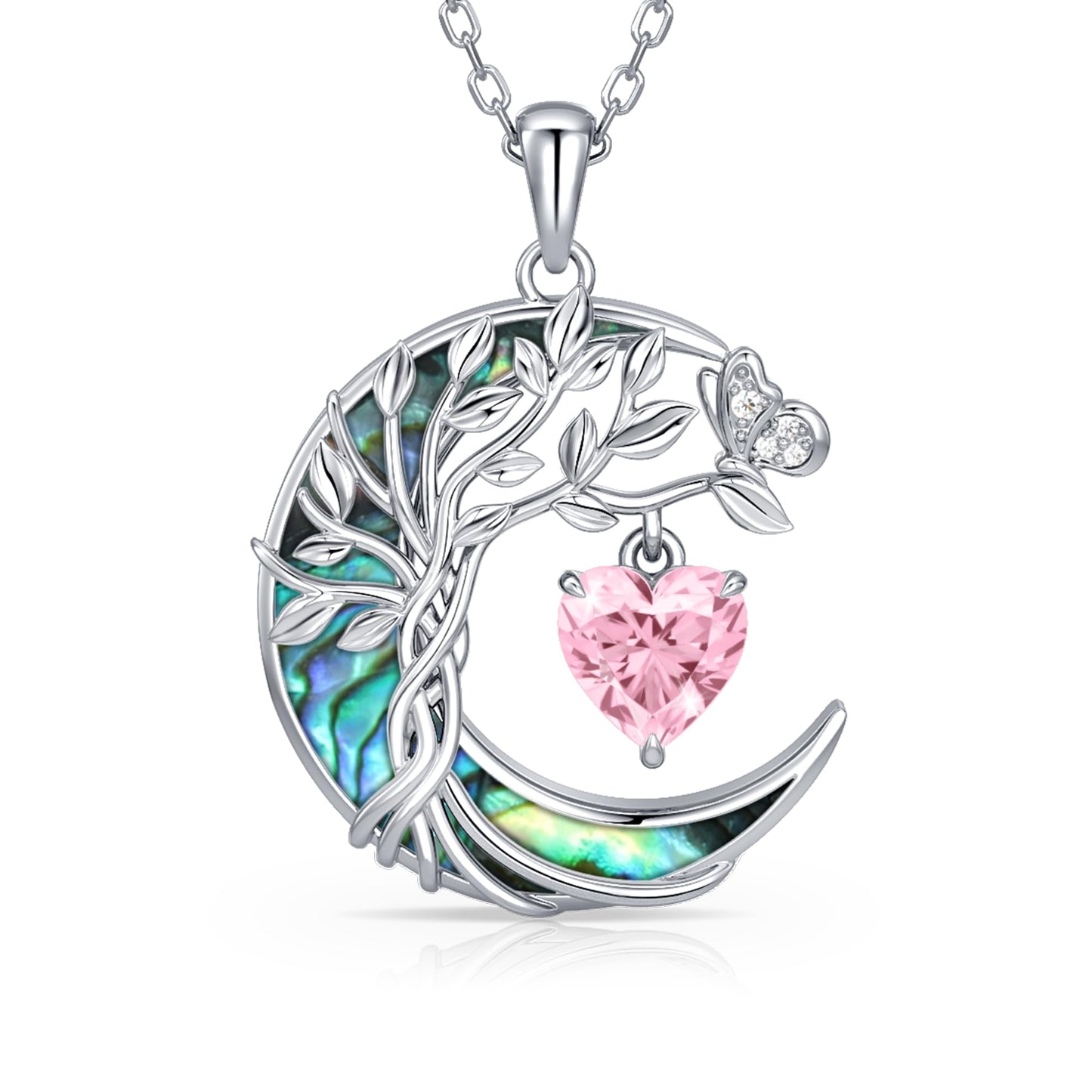 Distance Women's Tree of Life Abalone Shell Moon Heart Birthstone Necklace, S925 Sterling Silver, Pink October Birthstone, 45cm Chain