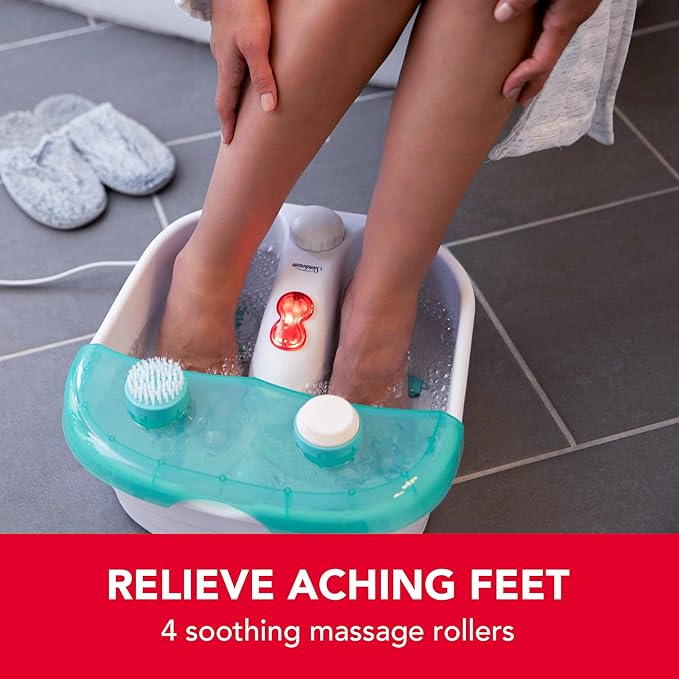 Sunbeam Deep Reservoir Aqua Therapy Foot Spa Foot Bath with Heat, Bubbles, Massage Rollers with Exfoliating Brush and Pumice Stone Pedicure Attachments, Extra Long Basin