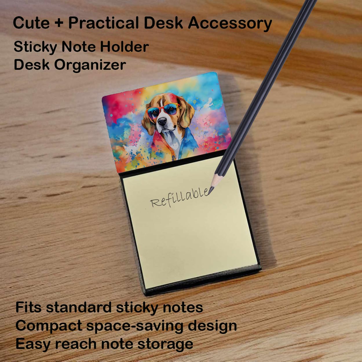 Caroline's Treasures Beagle Hippie Dawg Sticky Note Holder Refillable Dispenser Self-Sticky Note Pads, Memo Pads Blank Desk Accessories