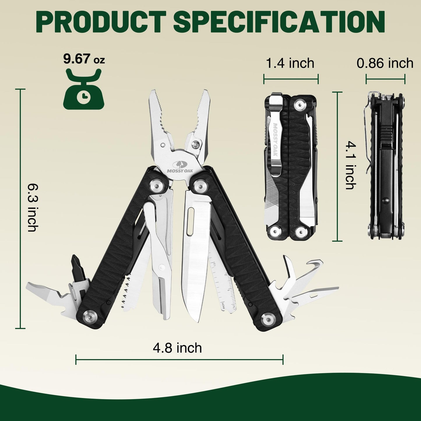 MOSSY OAK Multitool, 17-in-1 EDC Multi Tool with CNC-Machined Steel Pliers, G10 Anti-Slip Handle, Nylon Sheath & Belt Clip – Durable MultiTool for Camping, Hiking, Hunting, Survival, and Everyday Use