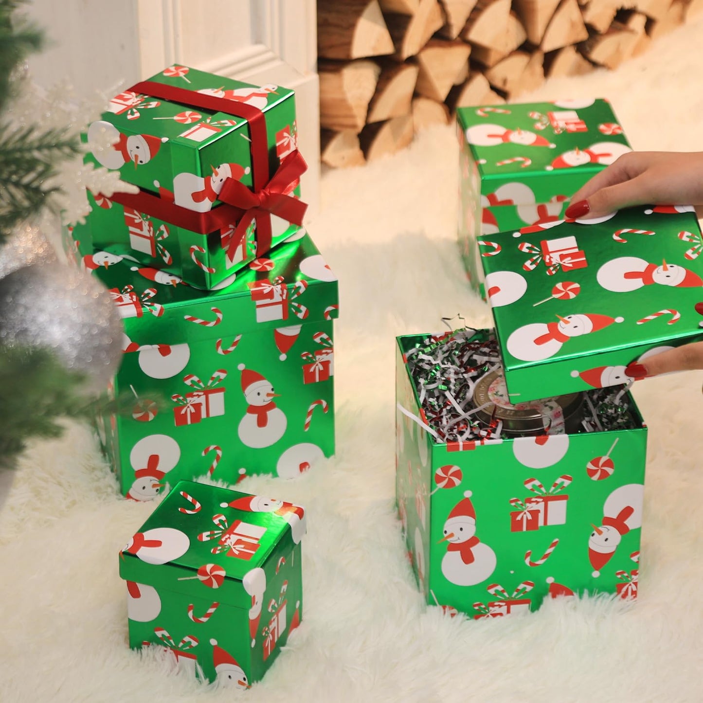 PAPER FAIR 5PCS Christmas Snowman Nesting Gift Boxes Set, Green Foil Mirror Candy Cane Lollipop Square Cardboard Nested Box w/Lid, for Gift Wrapping Holiday Present Birthday, Assorted Size