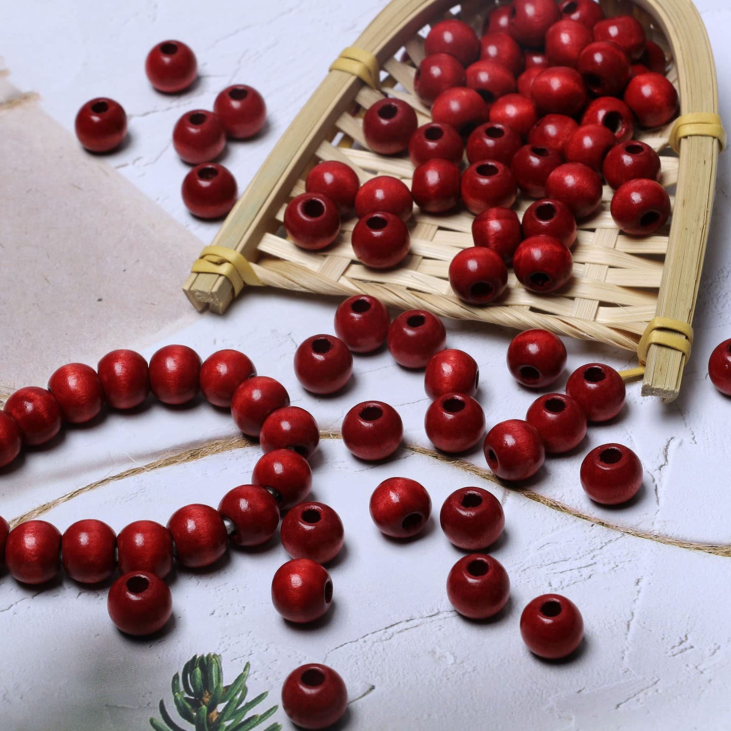 300pcs 12mm Red Wood Macrame Beads for Handmade Crafts, Large Hole Wooden Loose Spacer Beads for Macrame Projects Holiday Party Decor, 5mm Hole