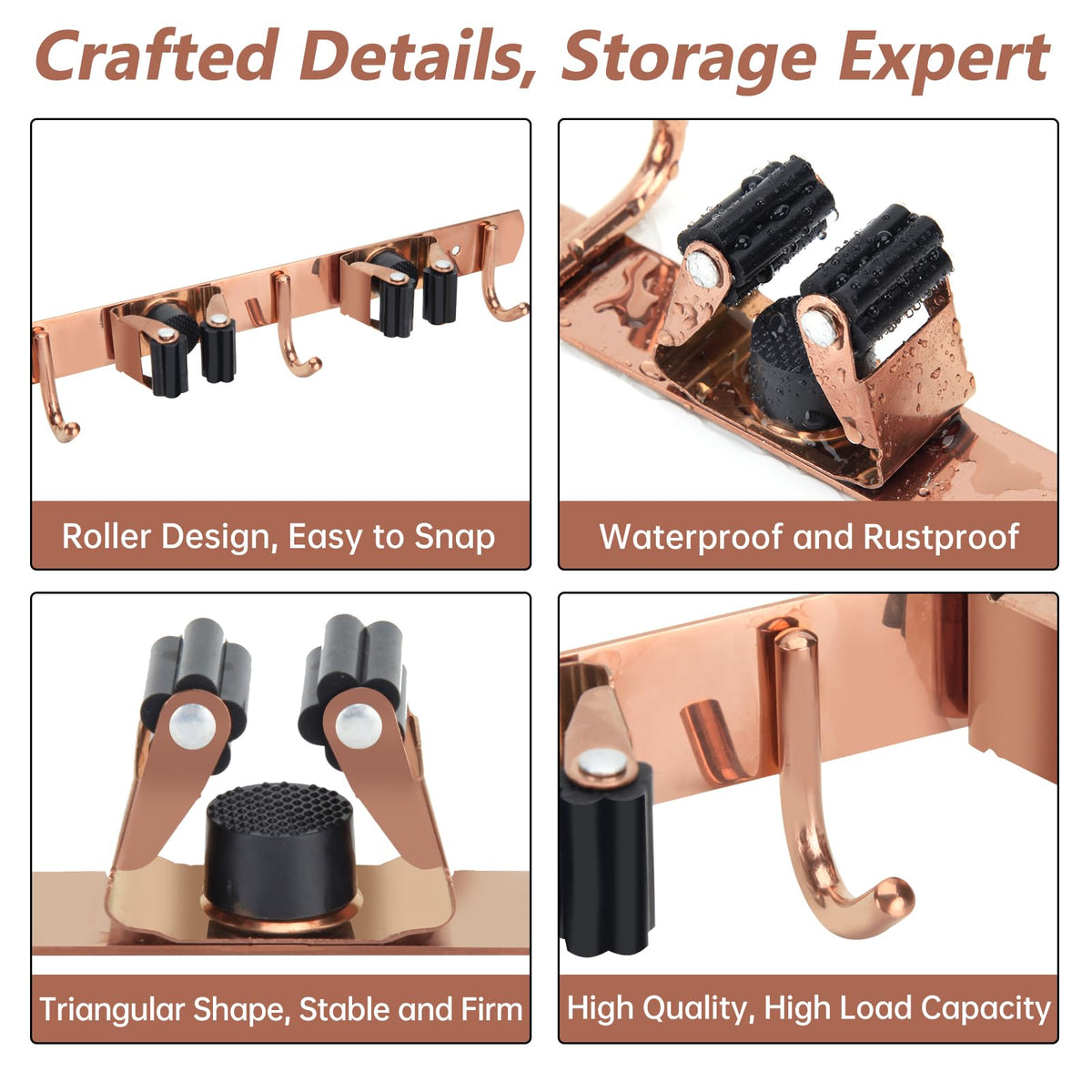 3 Racks and 4 Heavy Duty Hooks Mop and Broom Holder Wall Mount