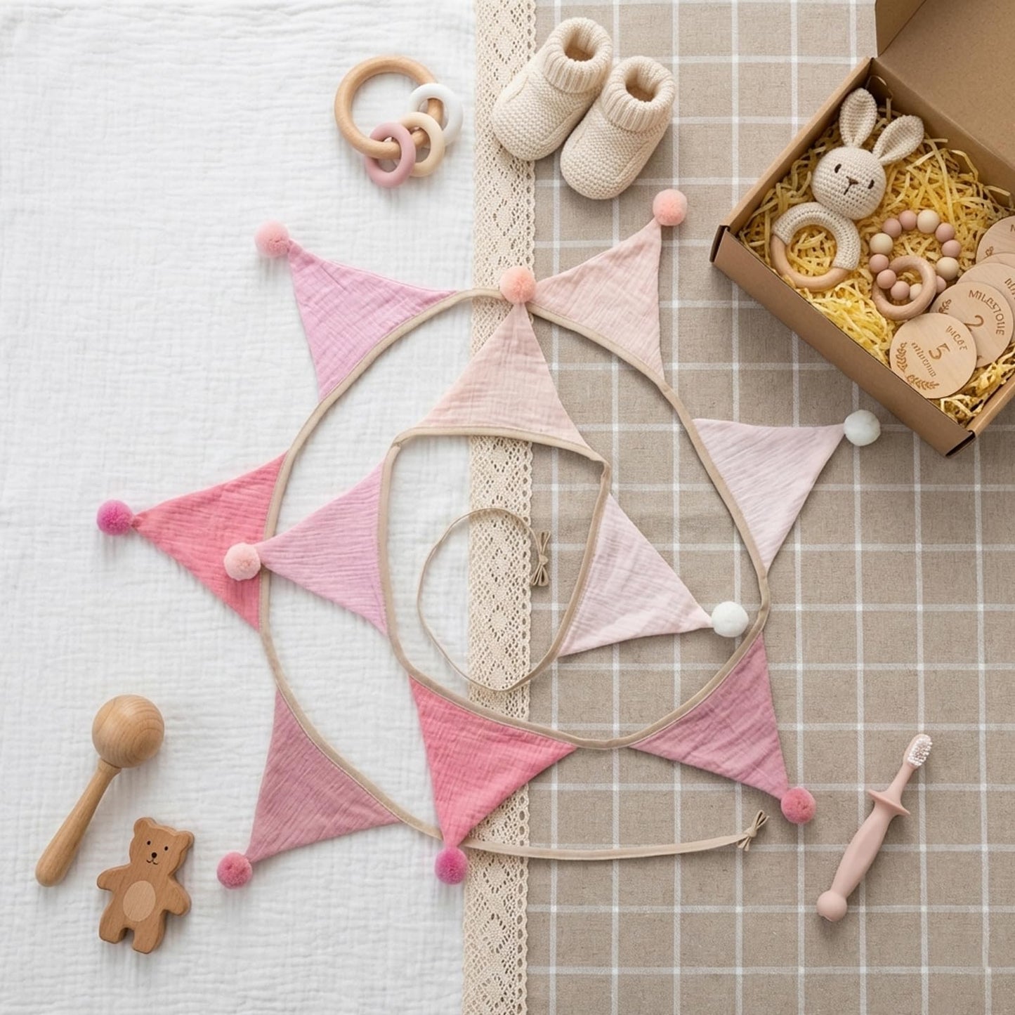 Fabric Bunting Banner, 2 Pack Handmade Neutral String Banner with Felt Ball Each 8.5 ft 10 Flags Nursery Wall Hanging Wedding Birthday Home Baby Shower Party Decoration Bunting (Pink 2 Pack)