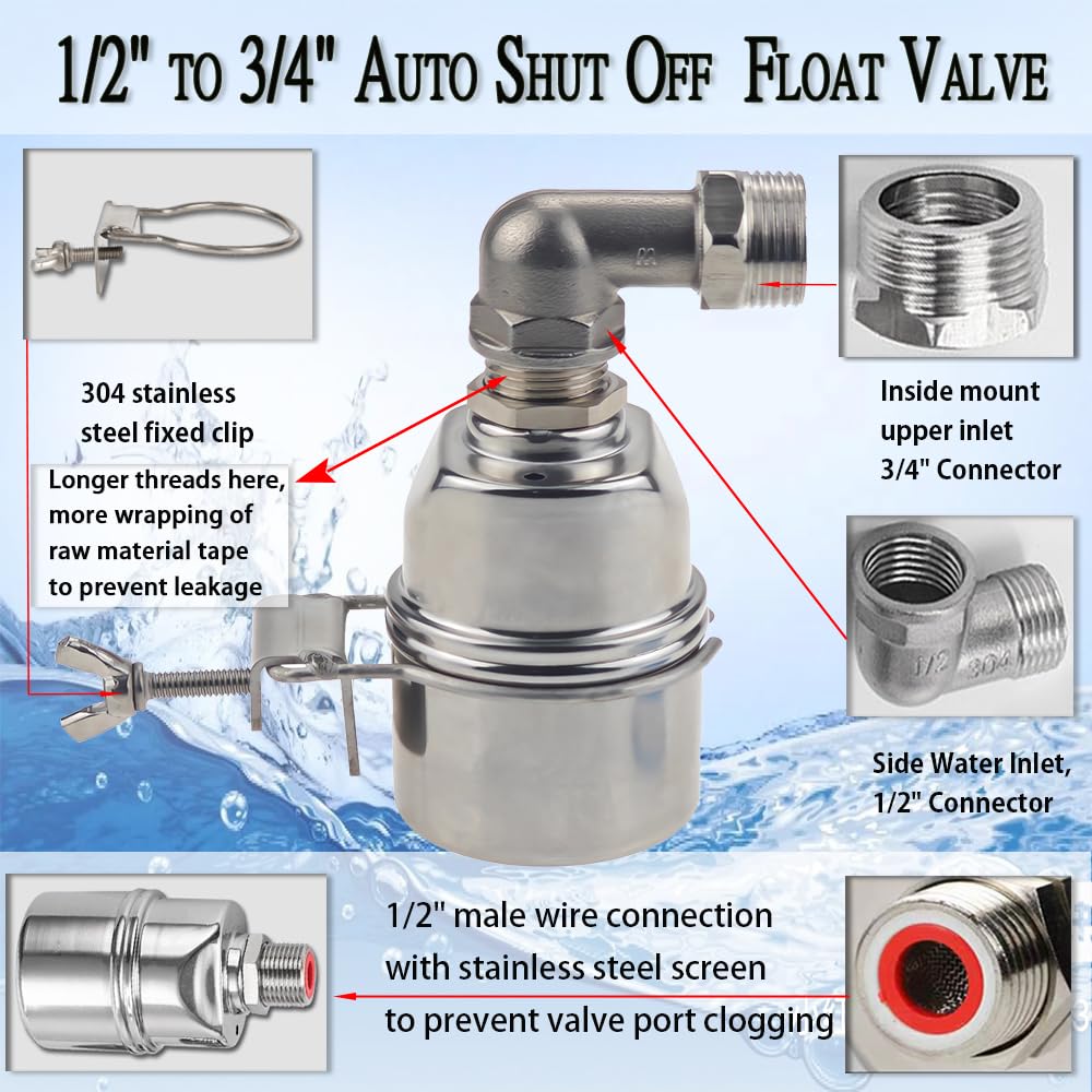 Automatic Water Level Control Valve, 3/4 to 1/2 Inch Float Ball Valve, Float Valve, 304 Stainless Steel Water Level Control Float Valve for Tank, Swimming Pool, Pond, Fish Tank, Livestock Troughs.