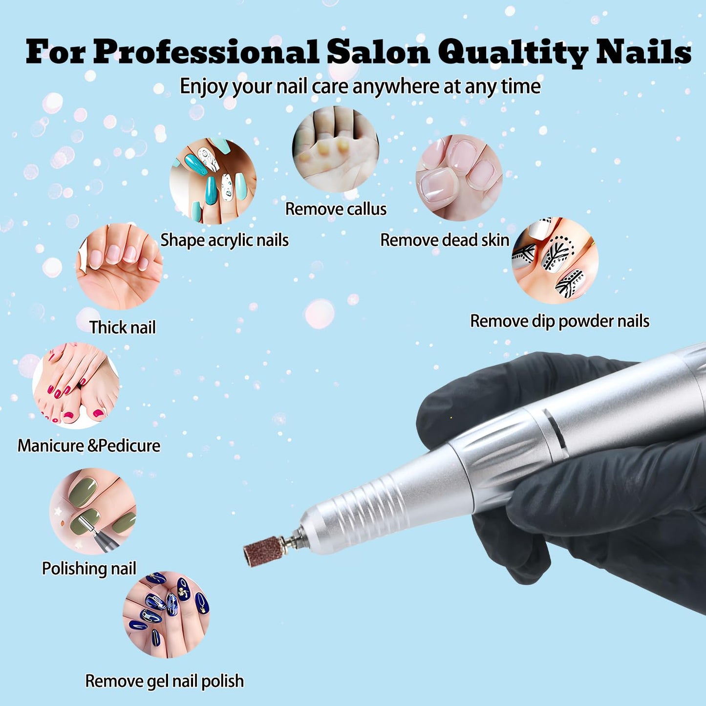 Professional Nail Drill File 45000RPM Electric Portable Nails Drills Kit with Rechargeable 7 uñas Bits Cordless Efile for Poly Gel Acrylic Nails Remover Home Salon Pedicure Manicure Tool (White)