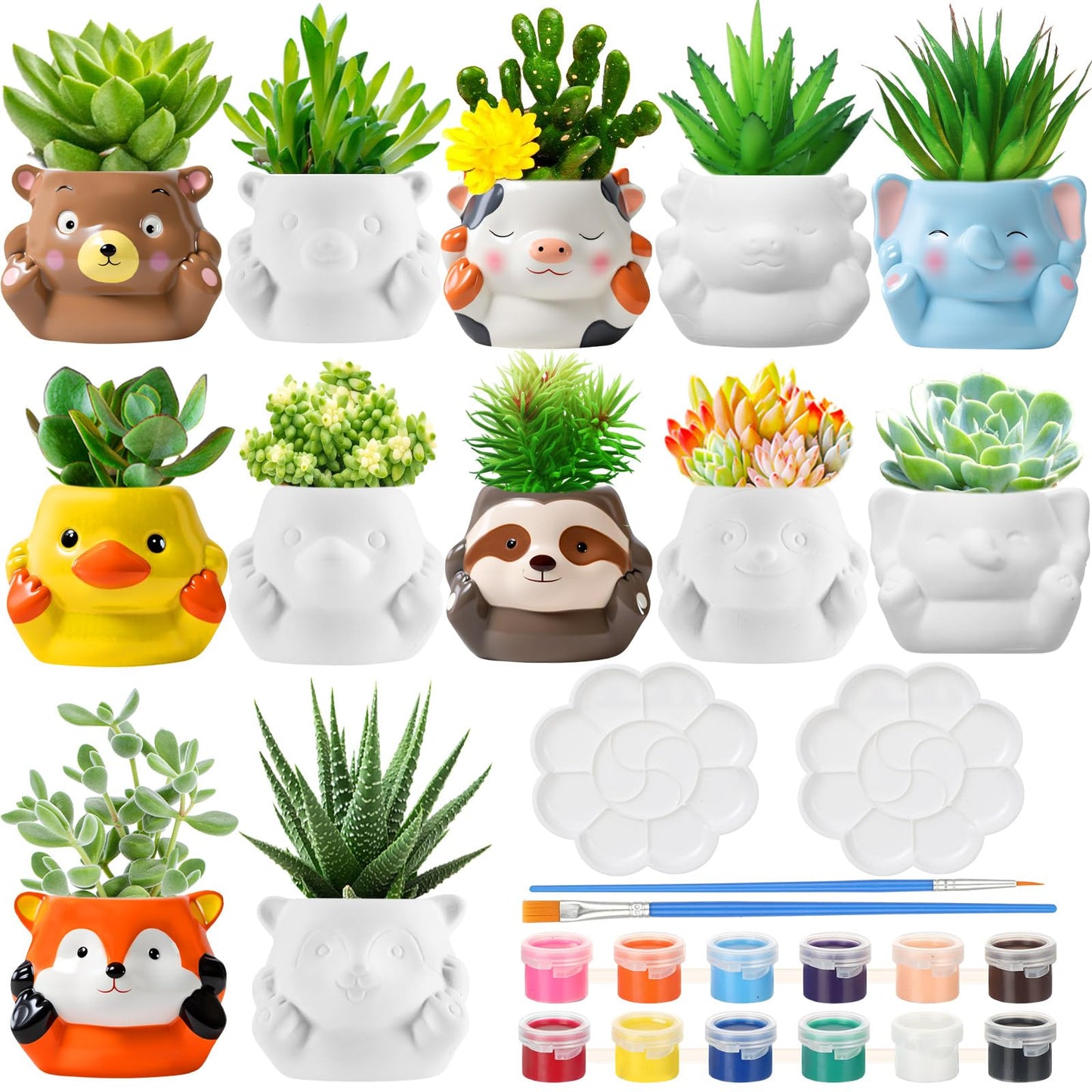 Chuangdi 12 Sets Ceramics to Paint 6 Style DIY Ceramic Succulent Planter Pots Unpainted Bisque Flower Pots Paintable Craft with Drainage Hole, Paints, Brushes, Palettes(Lovely Style)