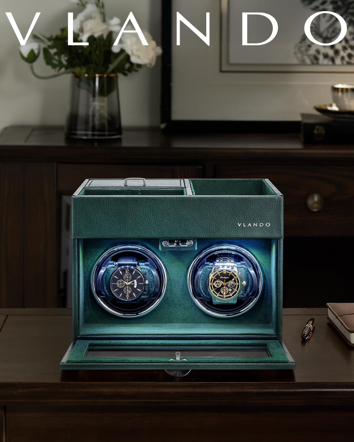 Vlando Automatic Double Watch Winder - Watch Winder Box with Men Jewelry Organizer Tray, Japanese Quiet Motor, LED Light, Adjustable Watch Pillows - Green