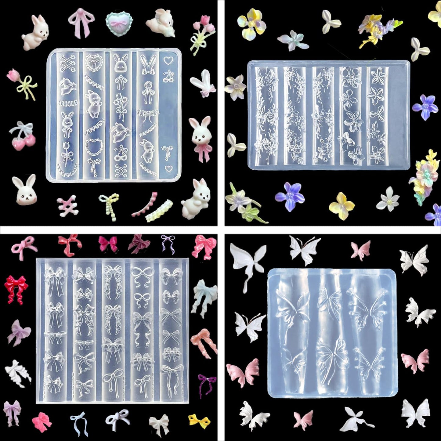 4pcs Silicone Nail Art Molds 3D Multiple Shapes Flowers Ribbon Lace Bows Bunny Butterfly Charm Molds with Carving Pen Clear Modeling Templates Manicure Tools for DIY Salon Nail Design
