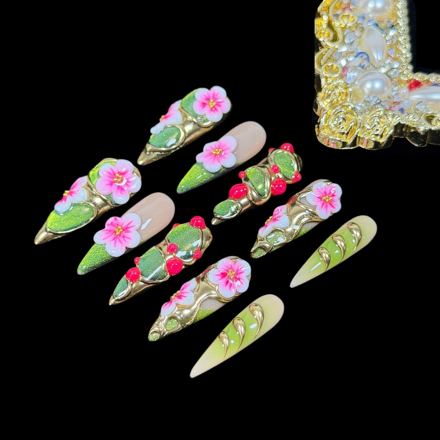 Handmade Luxury Floral Press On Nails, Long Stiletto 3D Pink Petals & Emerald Green Glitter Ombre, Gold Foil Acrylic Reusable False Nails Elven Forest (M)