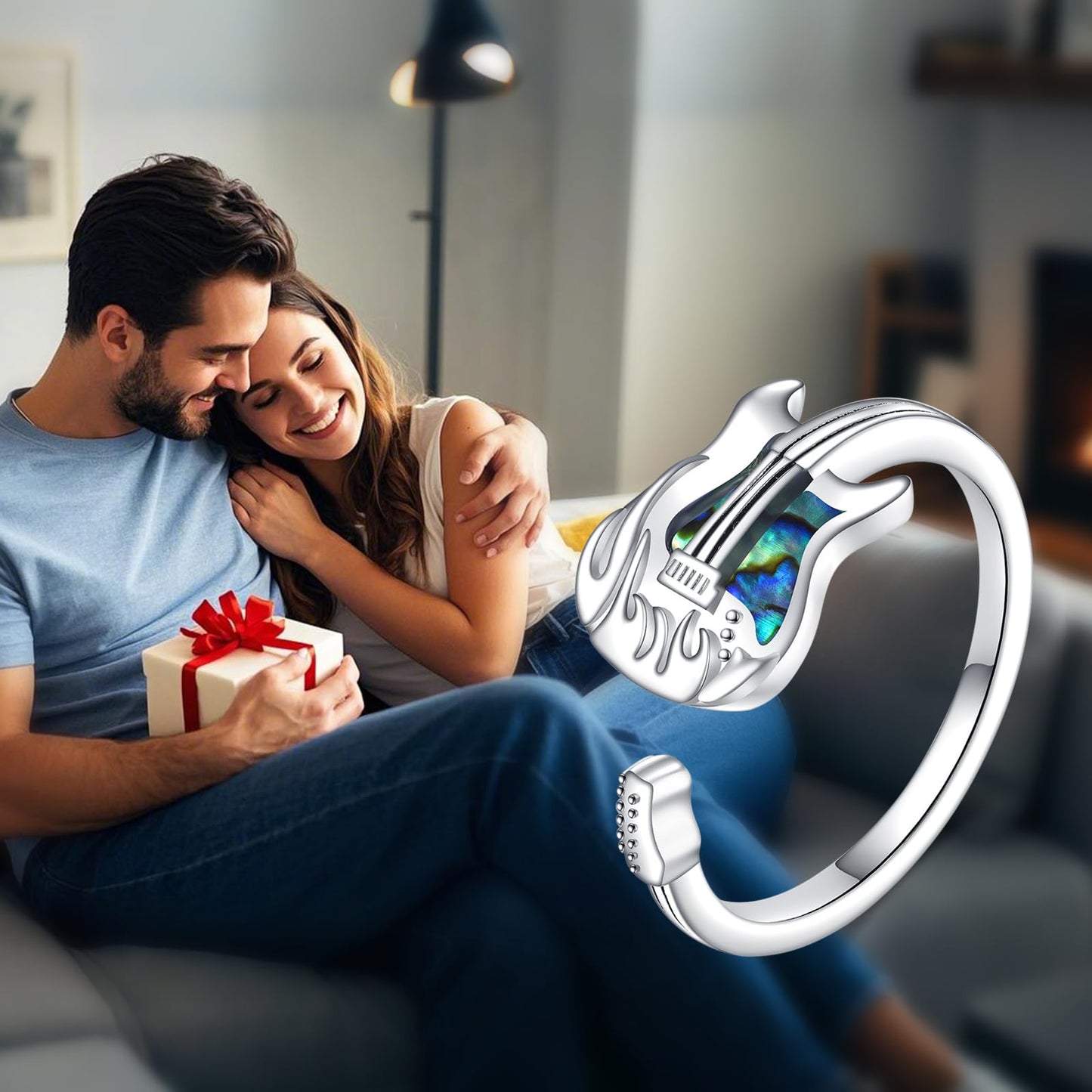 JBAERD Guitar Rings Sterling Silver Adjustable Guitar Rings Music Jewelry Gifts for Women Men