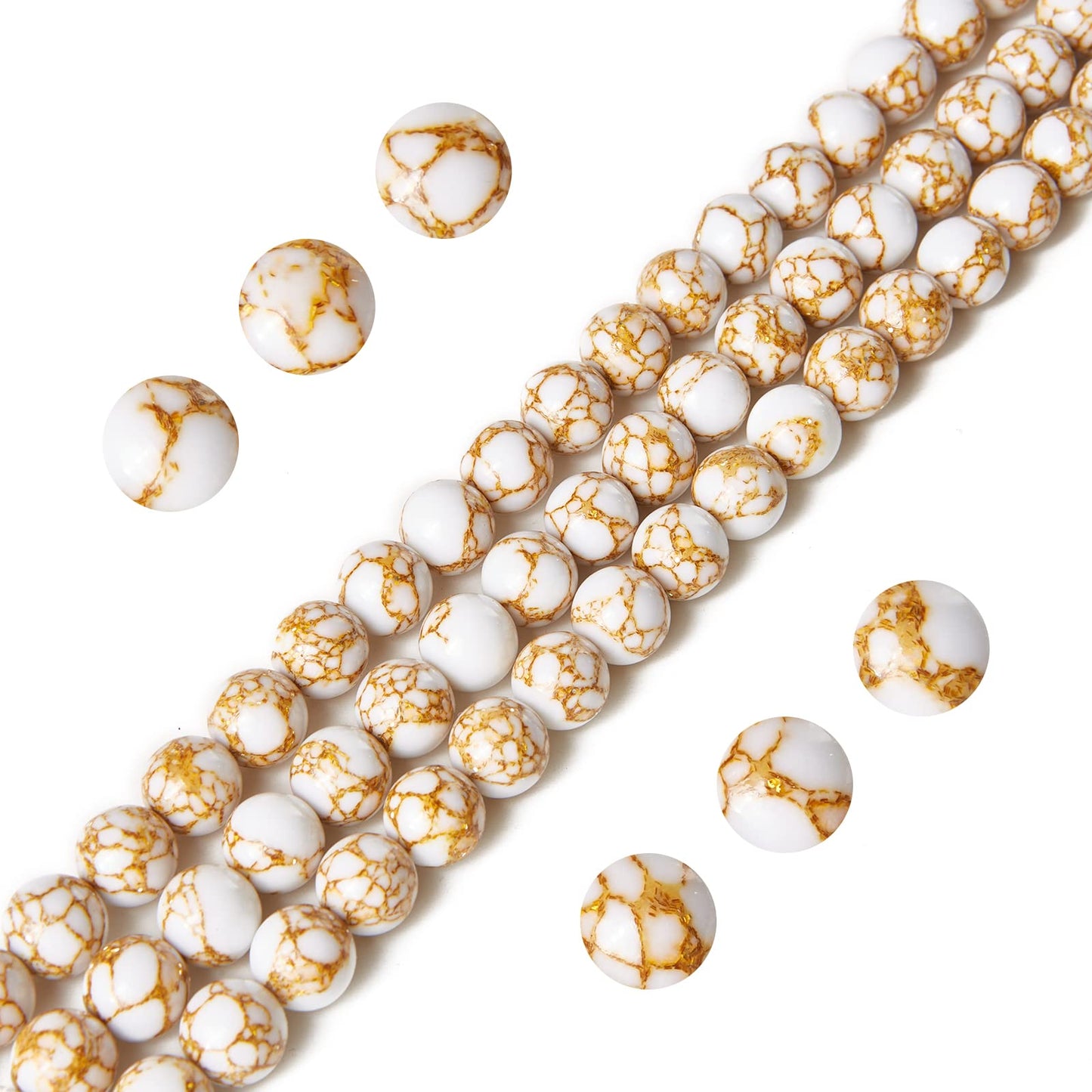 60pcs 6mm White Howlite Gold Spun Beads Natural Gemstone Beads Round Loose Beads for Jewelry Making