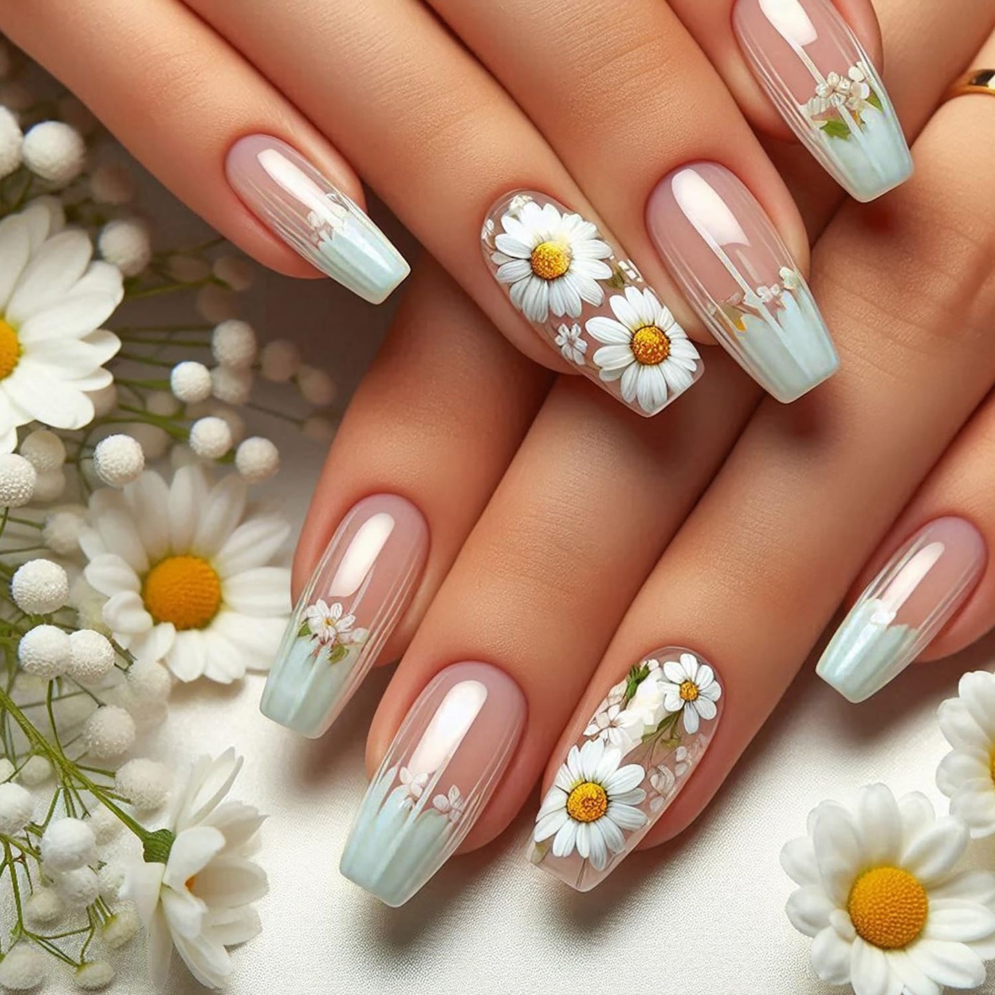 EYZOTSF Press on Nails Medium Square Shaped Acrylic Medium Square Shaped False Nails with Designs Artificial Short Coffin Fake Nails with Charms Glue ons Fingernails for Women Girls(CY1044)