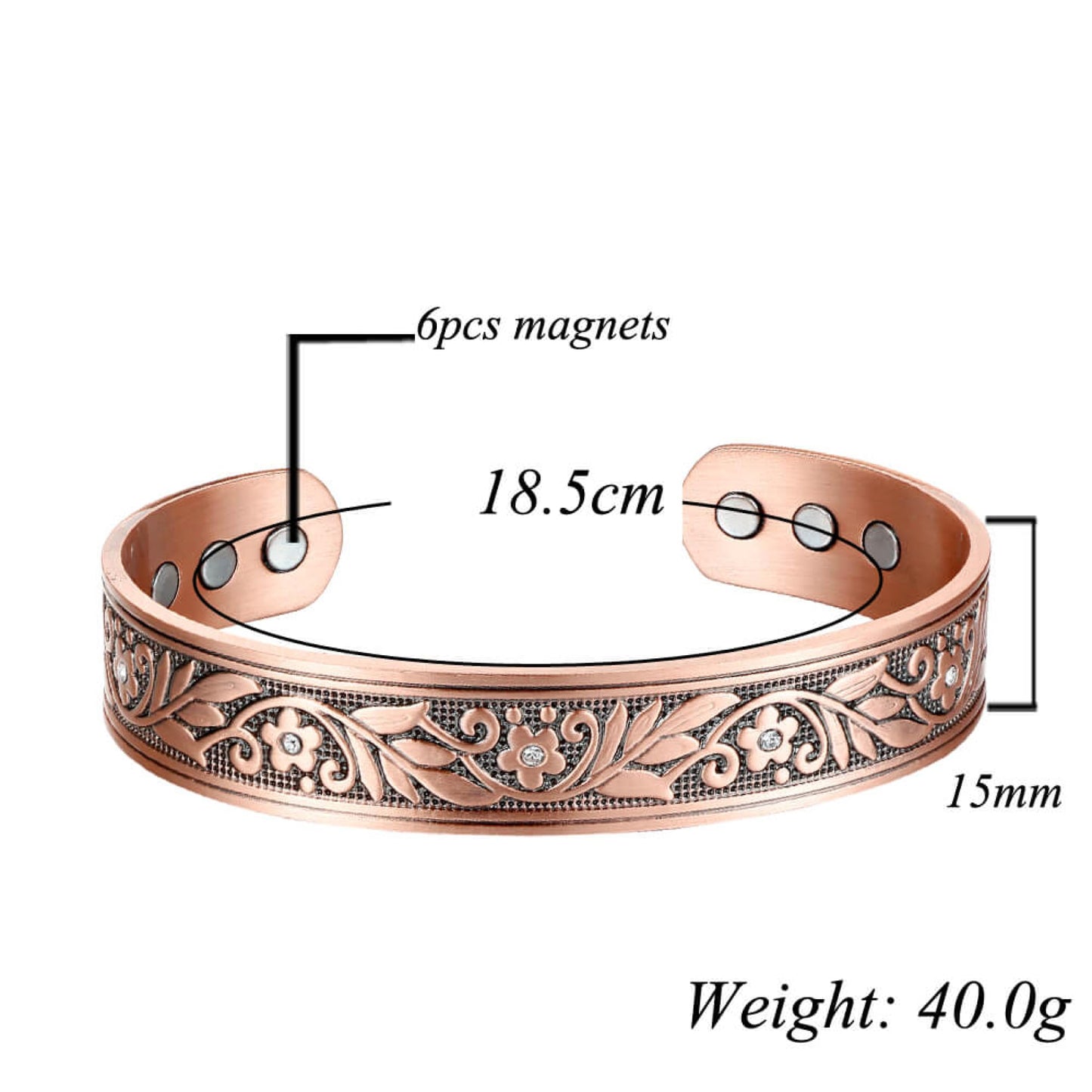Earth Therapy Women's Floral Crystal Magnetic Copper Cuff Bracelet - Adjustable Sizing - Ultra Strength