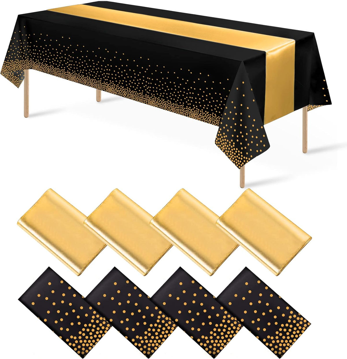 8Pack Disposable Plastic Tablecloths and Satin Table Runner Set Black Gold Dot Table Cloth Gold Satin Table Runner for Graduation Wedding Birthday Baby Shower Anniversary Holiday Party Decorations