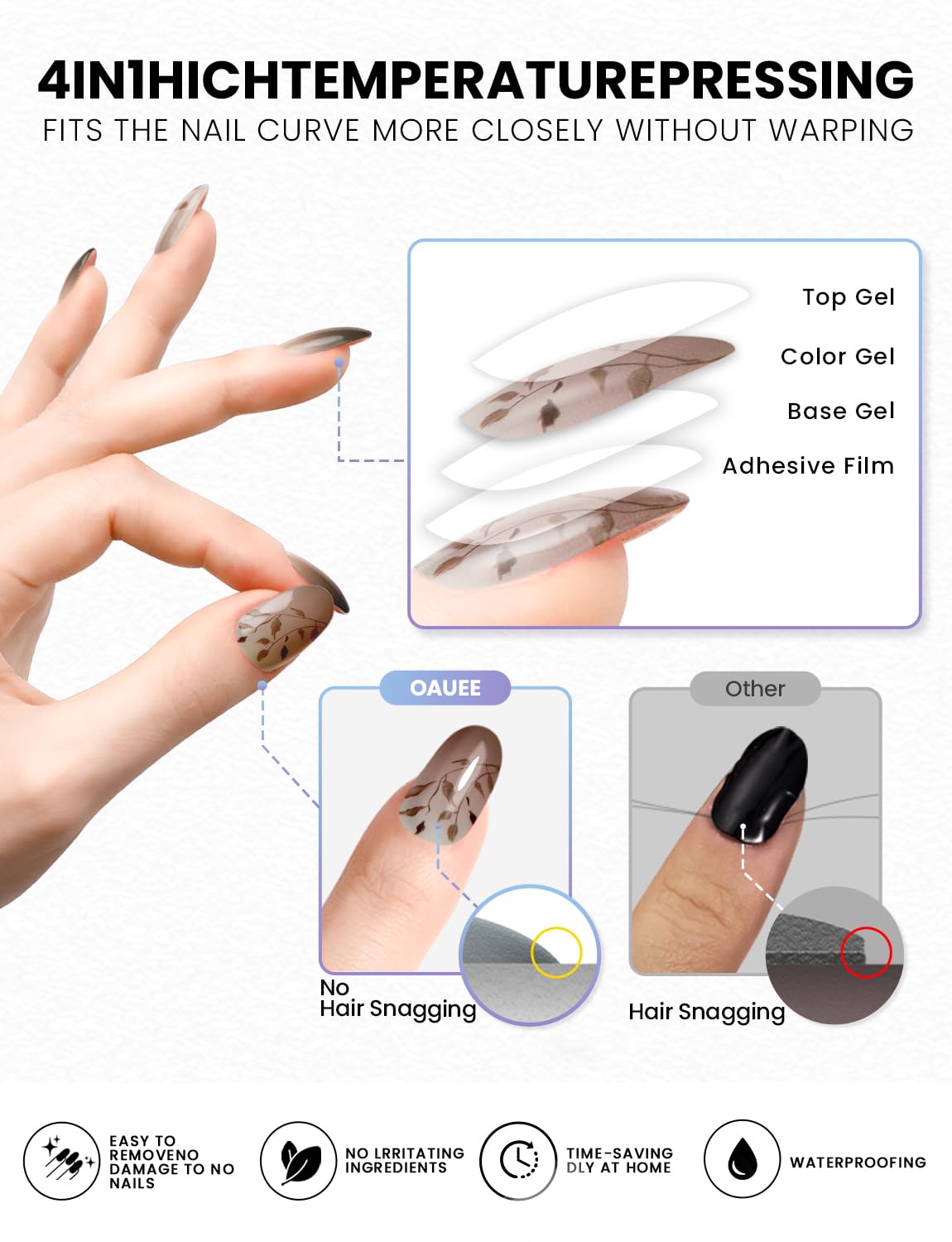 Oauee Semi Cured Gel Nail Strips | Built-In Gel Top Coat | UV Light Required | Salon Quality, Easy Application And Removal (Mocha Leaf Elegy）