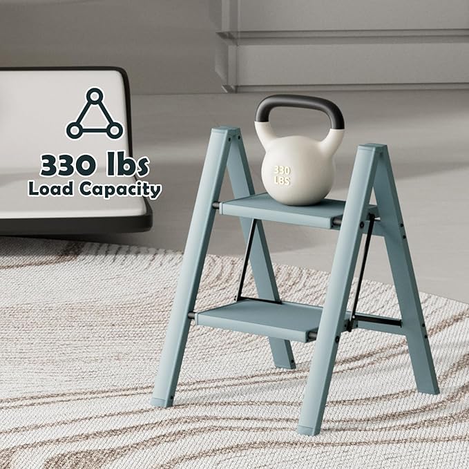 Taranta 2 Step Ladder,Aluminum Lightweight Folding 2 Step Stool with Anti-Slip Wide Pedal,330lbs Capacity Step Ladder for Household,Kitchen,Office - Serene Blue