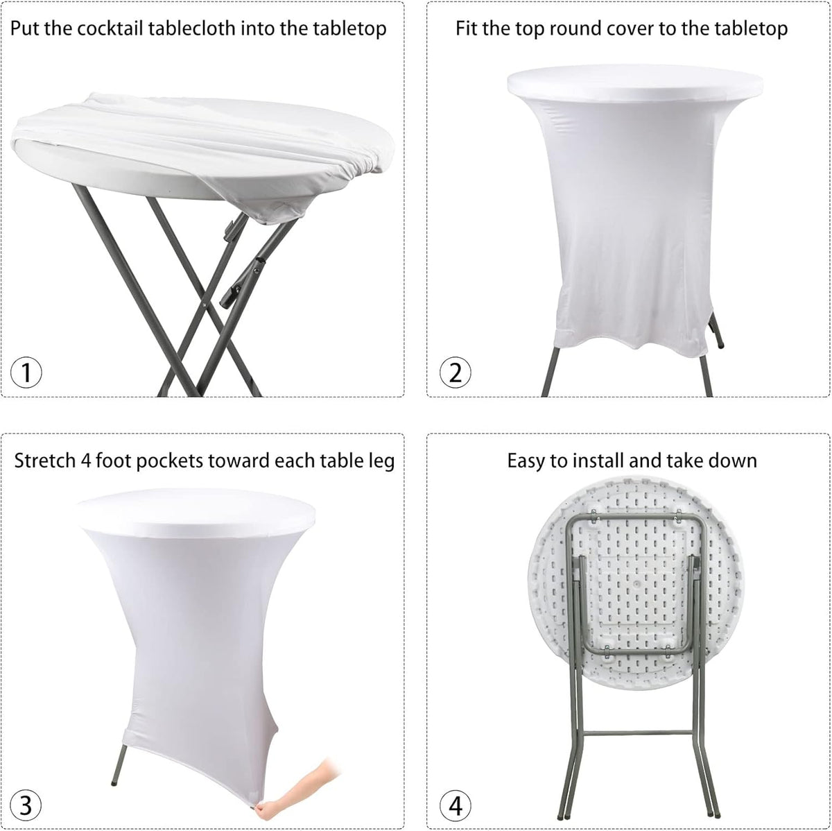 4 Pack Cocktail Spandex Tablecloth 32"x43" Cocktail Table Cover Fitted High Top Round Table for Bar Wedding Birthday Party Banquet (White)