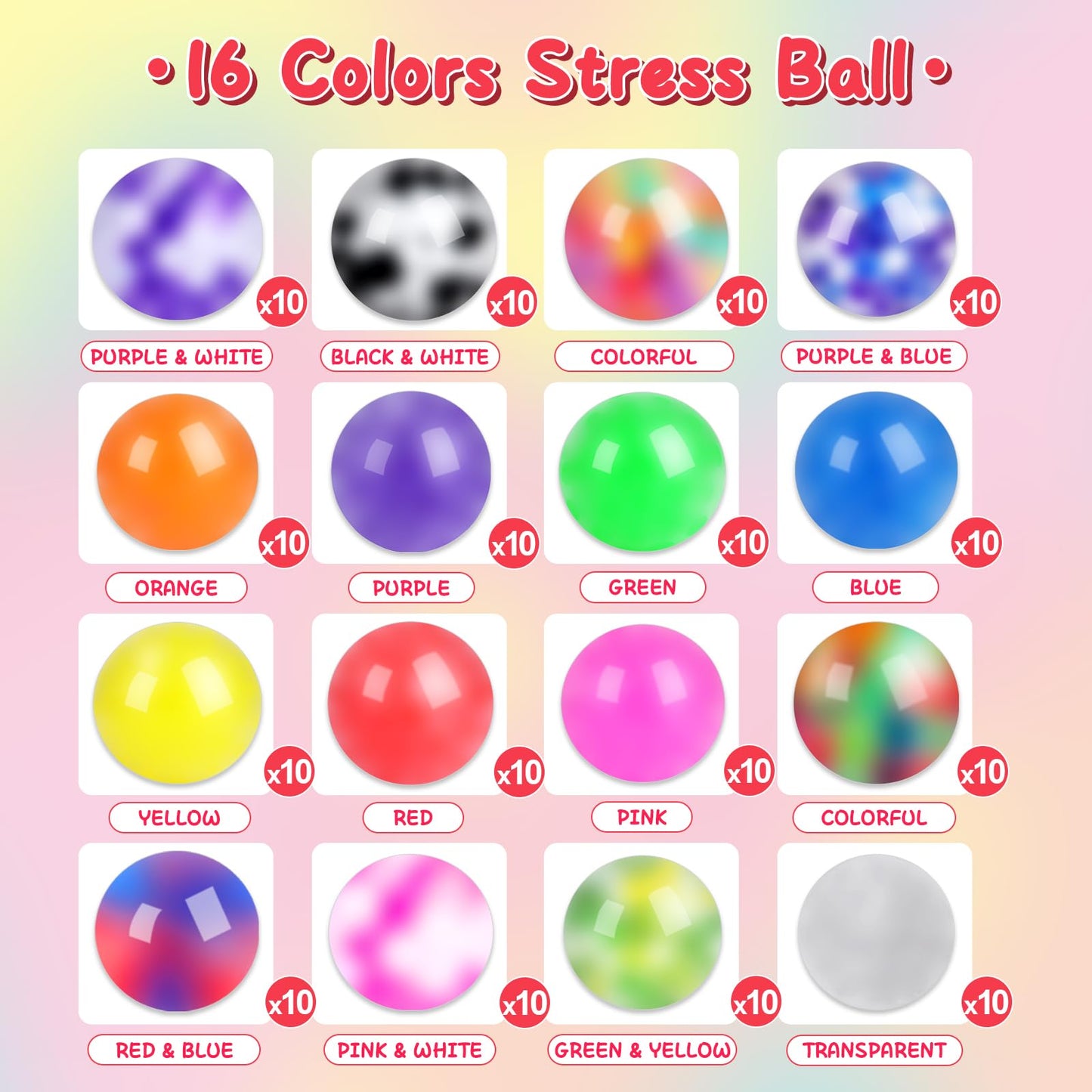 BESNEL 160 Pack Stress Balls for Adults, Bulk Squishy Ball, Stress Balls Set, Anti-Anxiety Easter Stress Relief Fidget Balls
