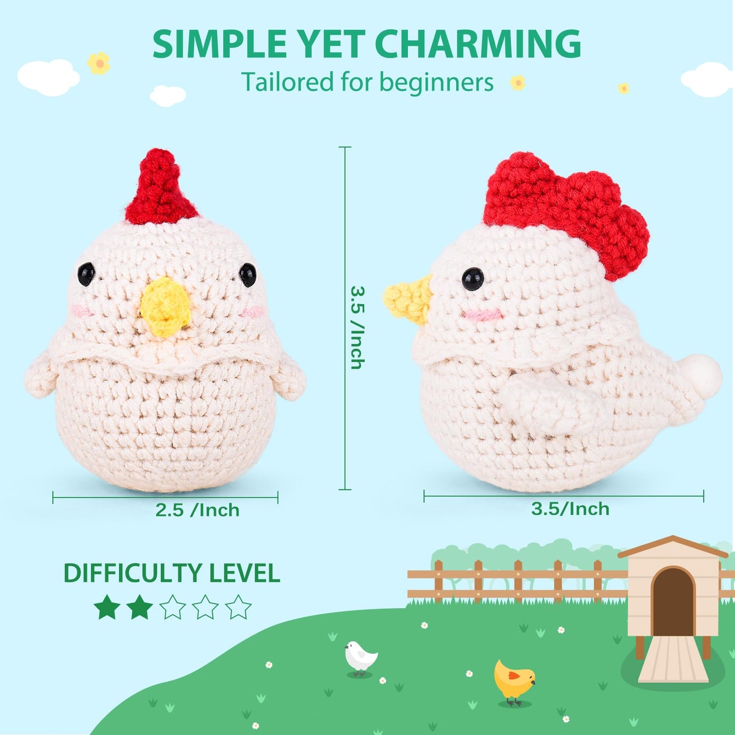 Crochetta Crochet Kit for Beginners, Squeeze Bubble Amigurumi Crocheting Kits w Step-by-Step Video Tutorials, Knitting Starter Supplies for Adults Kids, Anxiety Relief Bubble Chicken (40%+ Yarn)