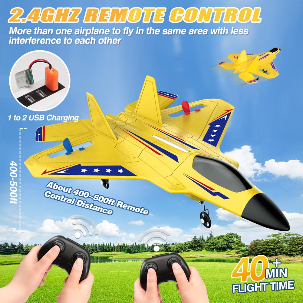 Fremego F22 RC Airplane 2.4GHz Remote Control Plane with Gyro Stabilizer, LED Lights & Dual Batteries, Easy Fly RC Glider for Kids Boys Adults Beginners(Yellow)