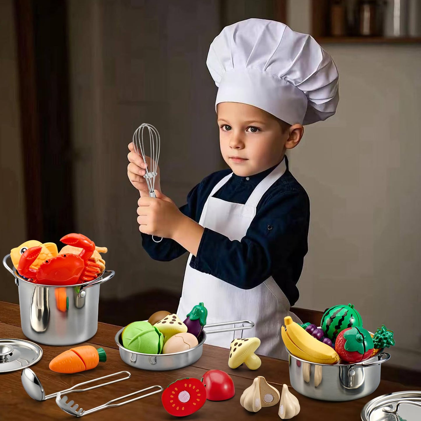 13Pcs Kids Pretend Play Kitchen Accessories Pots and Pans Playset, Stainless Steel Pots and Pans Cooking Utensils in Draining Caddy Kitchen Toy Set Accessories for Kids Toddler Age 3 Years Old