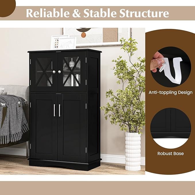 Tangkula Freestanding Floor Cabinet w/2 Glass Doors, 3-Level Adjustable Shelves, Anti-toppling Design, Kitchen Pantry Cupboard for Bathroom, Living Room (Black)