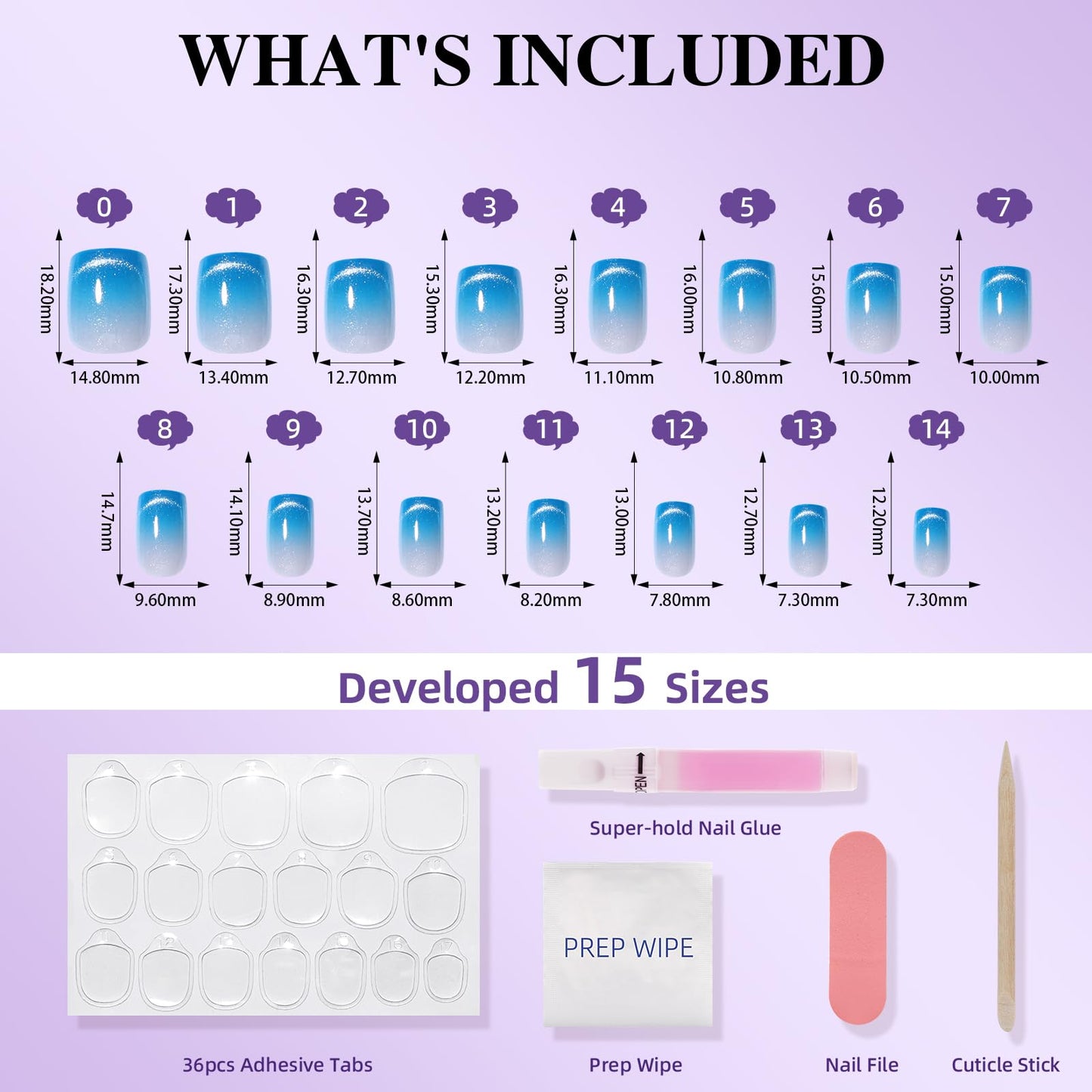 Blue Cat Eye Press On Nails - Short Square Ombre Press Ons for Women Fake Nails with Glue, Glossy Reusable Glue on Nail in 15 Sizes - 30pcs