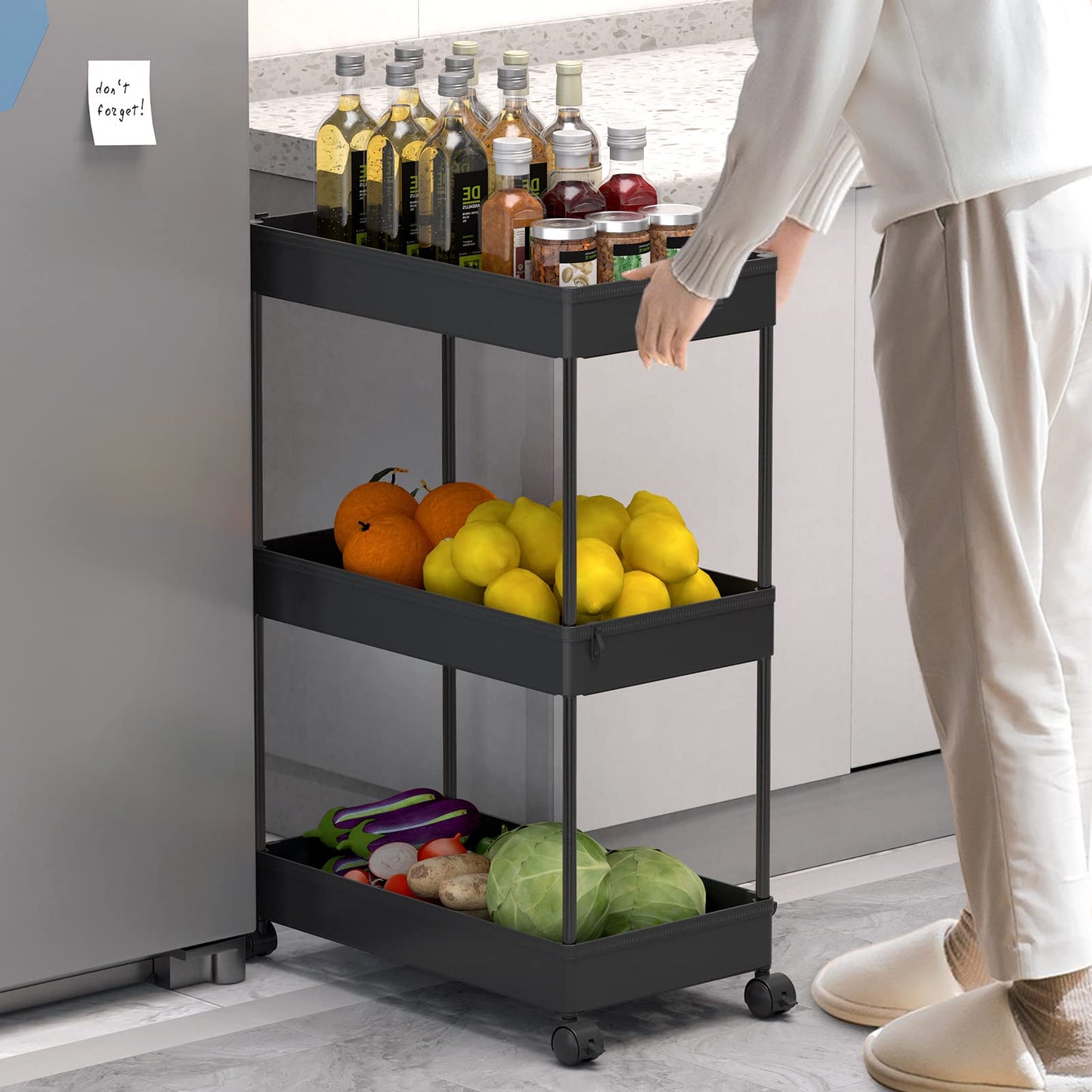 SPACELEAD 3 Tier Rolling Cart with Wheels, Storage Craft Art Trolley Organizer Serving, 3 Hanging Baskets Easy Assembly, for Office, Bathroom，Living Room, Kitchen, Black
