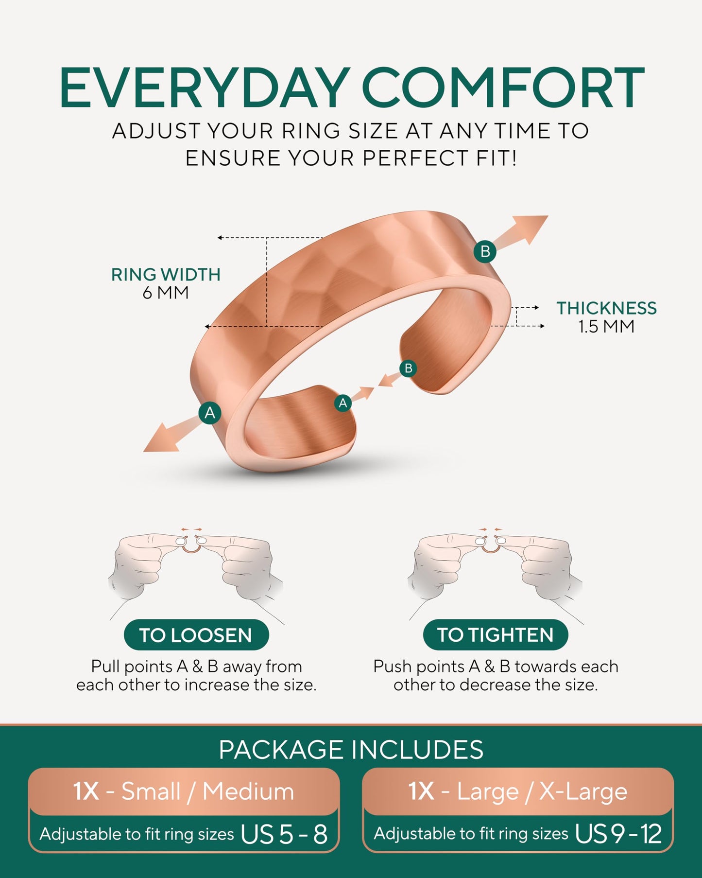 TheraCopper Pure Copper Rings for Women & Men (2-Pack) — 100% Pure Copper Ring — Raw, Solid & Uncoated Authentic Handmade Open-End Adjustable Ayurvedic Jewelry Rings (6mm Hammered)