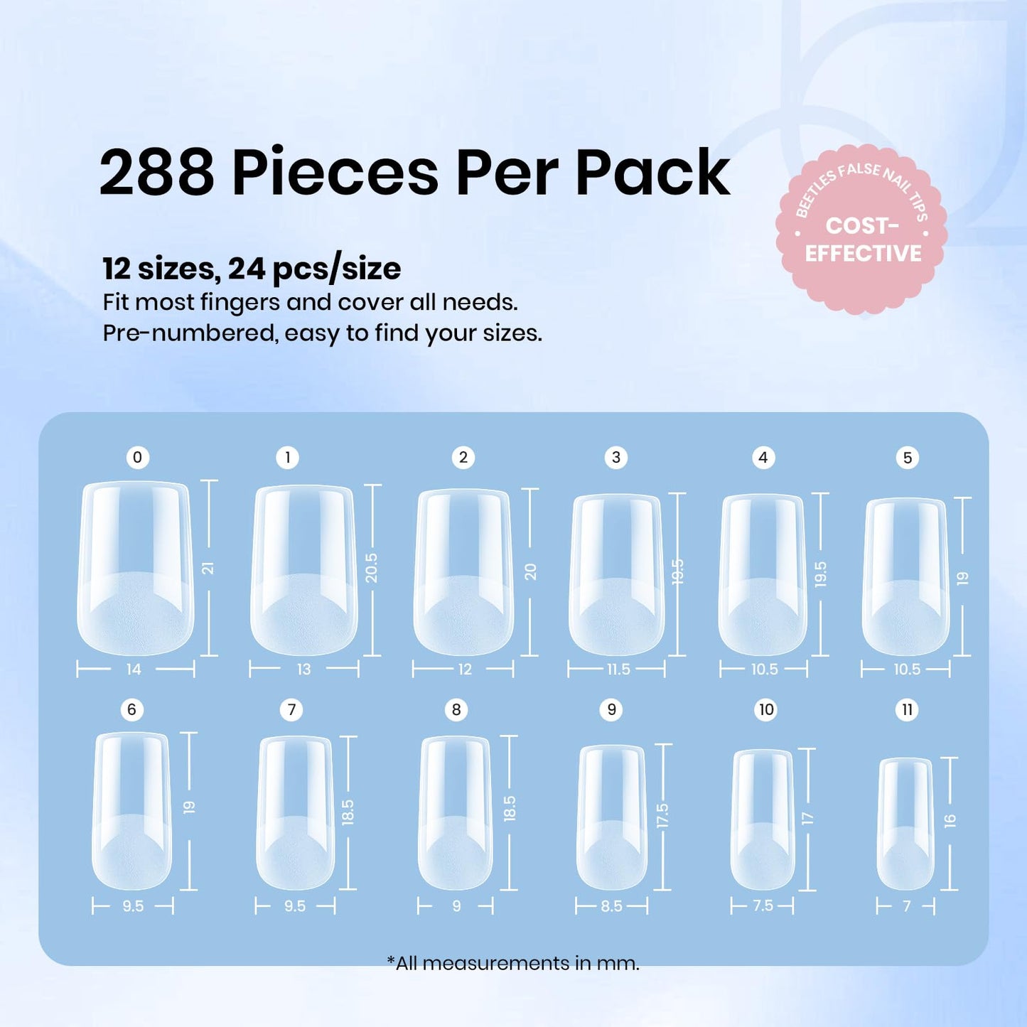 Beetles Gel Nail Tips Square Short, 288Pcs 12 Sizes Pre-Etched Half Matte Full Cover Soft Acrylic False Nail Tips Easy DIY Glue On Etch-X Nail Extension Salon Gift for Women Girls