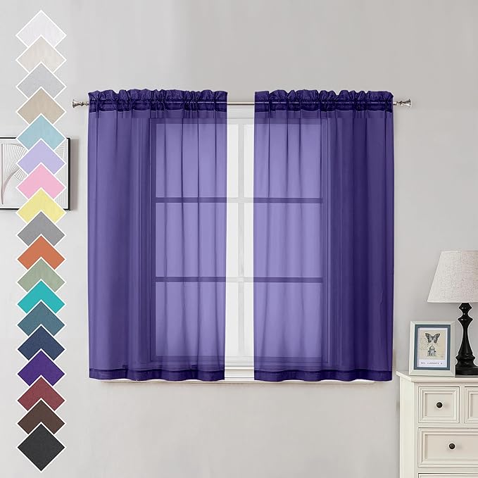 OVZME Purple Sheer Curtains 45 Inches Long 2 Panels, Light Filtering Sheer Curtains for Bedroom, Elegant Airy Draperies for Living Room Nursery Room, Dual Rod Pocket, Each 42Wx 45L