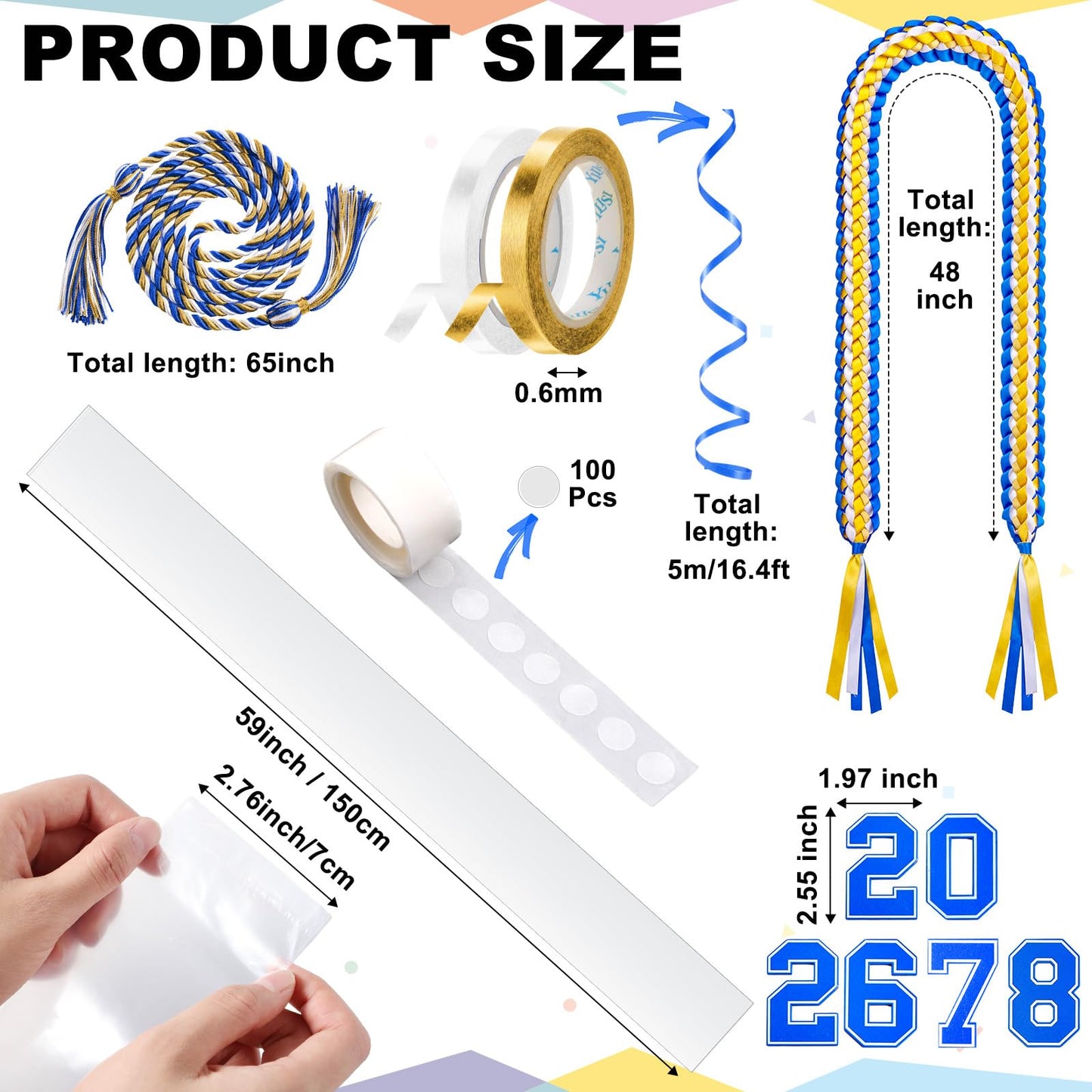 Spakon 13 Pcs Graduation Leis 2026 Graduation Candy Lei Kit Class of 2026 Ribbon Double Lei Necklace Party Accessories(Blue,White,Gold)