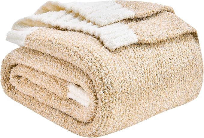 CozeCube Melange Blanket, Ultra Soft Khaki Tan and White Throw Blanket, Warm Cozy Knit Fuzzy Plush Reversible Throw for Couch Bed Sofa, 60"x80"
