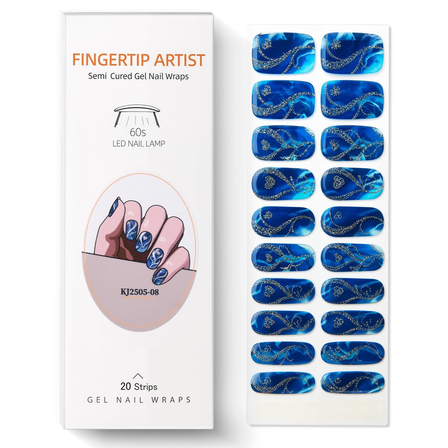 Semi Cured Gel Nail Strips with Gold Heart Designs Blue Gel Nail Strips Glossy Stickers Salon Quality & Easy to Use for Women 20 Pcs