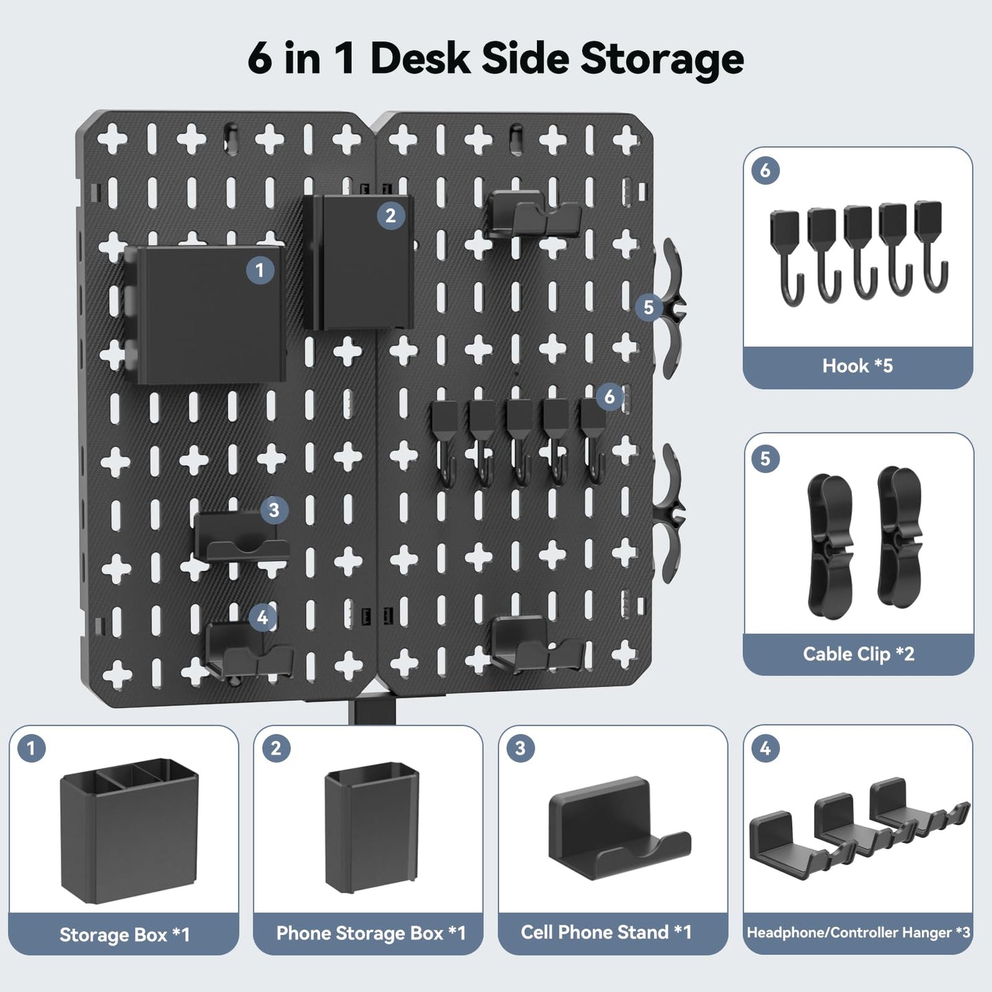 KDD 7 in 1 Clamp-on Desk Pegboard - No Drill Desk Side Storage with Phone Stand/Pen Holder/Storage Box/Headset & Controller Holder/Hooks, Detachable Gaming Pegboard for Office & Home Desktop Organizer