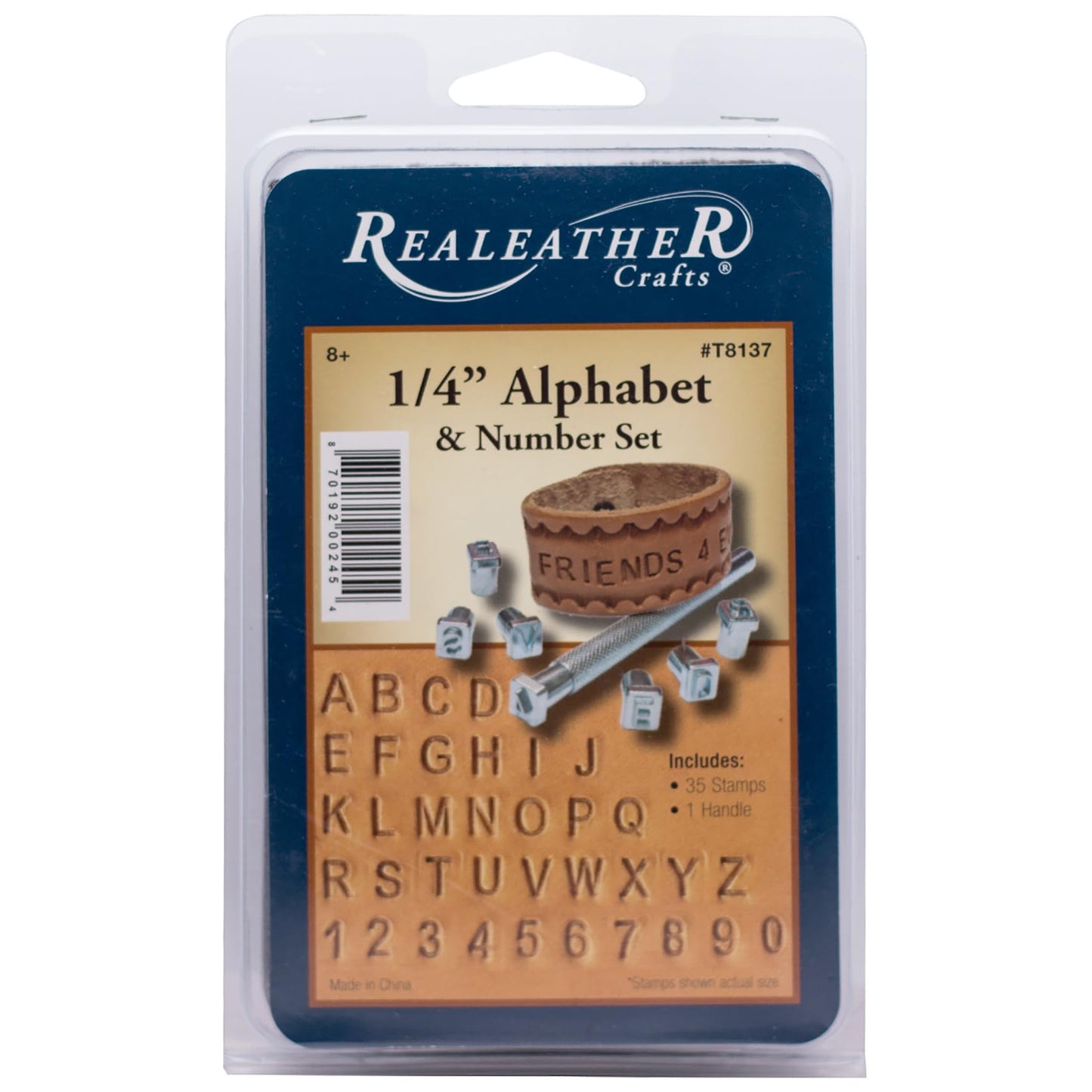 Realeather T8137 Leather Stamps Tool Set for Leather Crafting, Alphabet and Number, 1/4", Chrome, 36-Stamp Heads