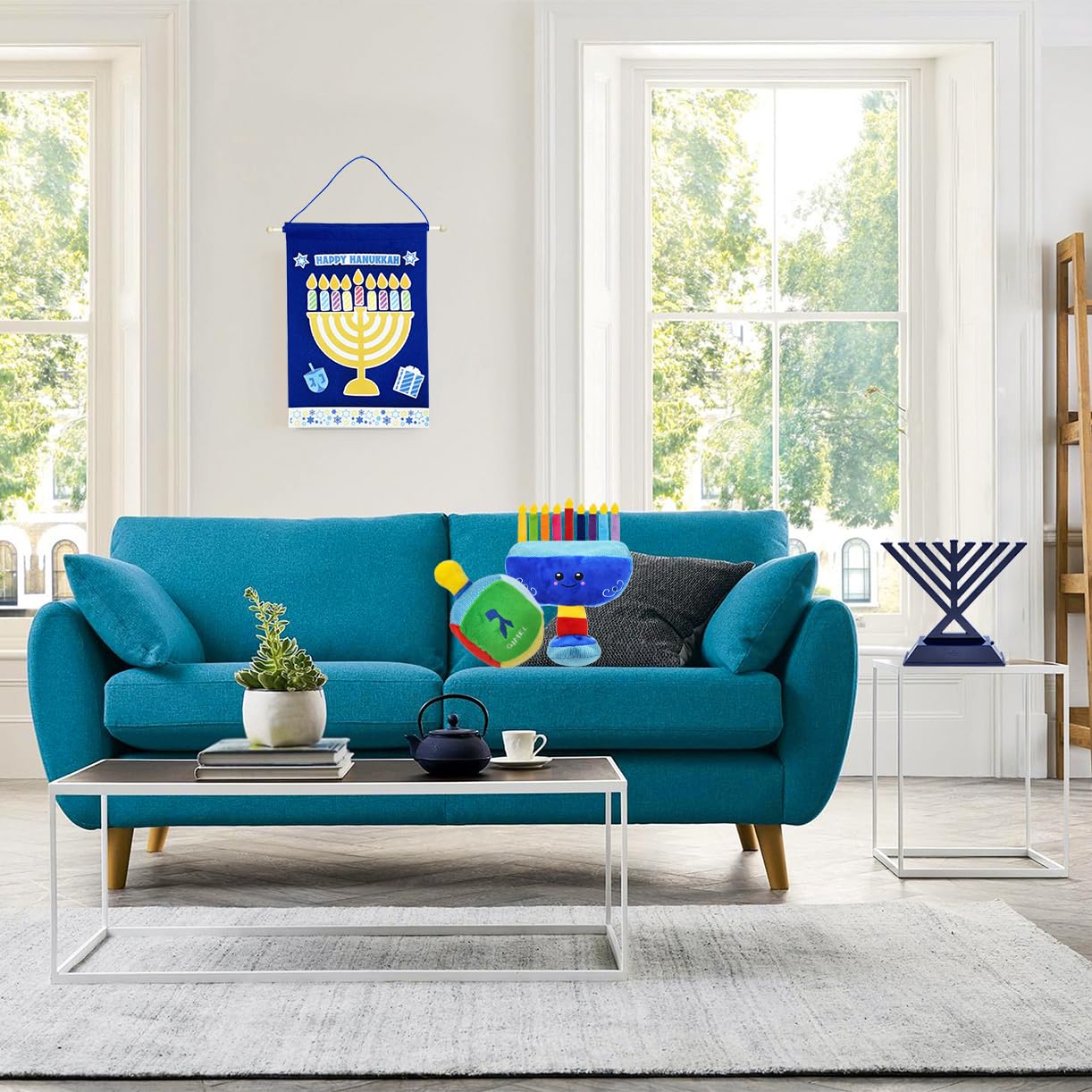 Plush Hanukkah Menorah & Plush Dreidel Toy Musical Menorah Plays 2 Classic Hanukkah Melodies Includes Removable Chanukah Candles & Candle Bag with Rattle Dreidel